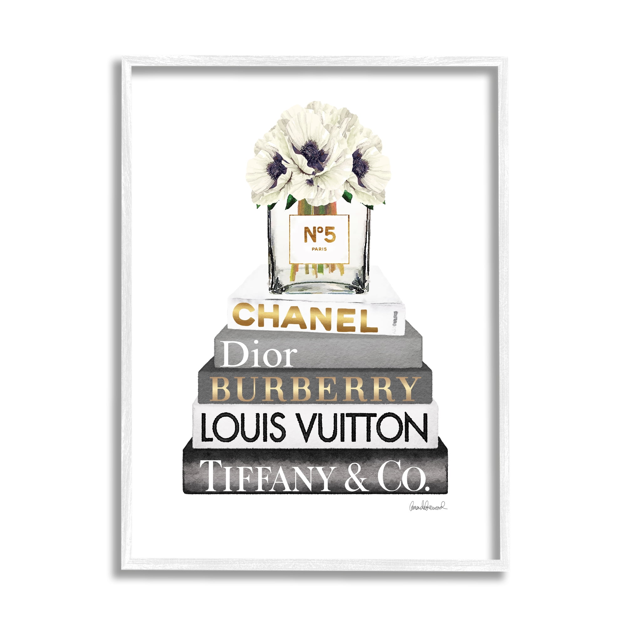 Stupell Industries Blooming White Floral Display on Glam Designer Bookstack Graphic Art White Framed Art Print Wall Art, 11x14, by Amanda Greenwood