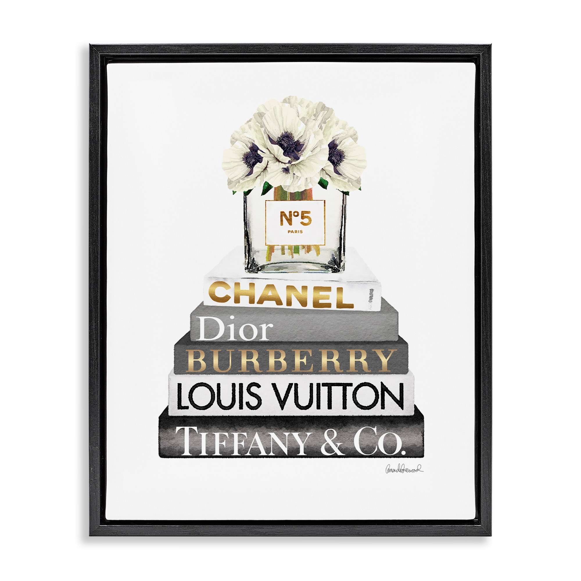 Stupell Industries Blooming White Floral Display on Glam Designer Bookstack Jet Black Framed Floating Canvas Wall Art, 16x20, by Amanda Greenwood