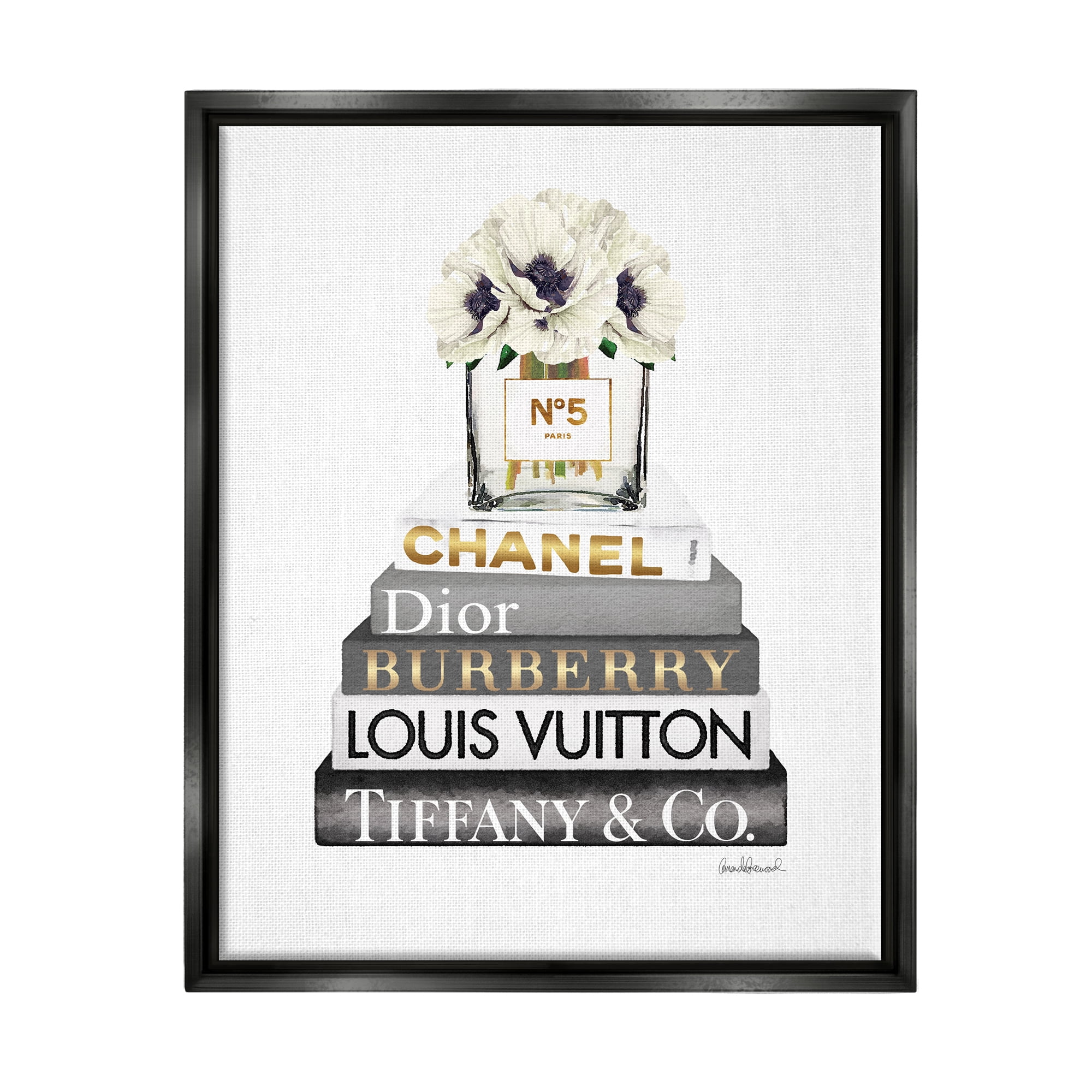 Stupell Industries Blooming White Floral Display on Glam Designer Bookstack Jet Black Framed Floating Canvas Wall Art, 24x30, by Amanda Greenwood