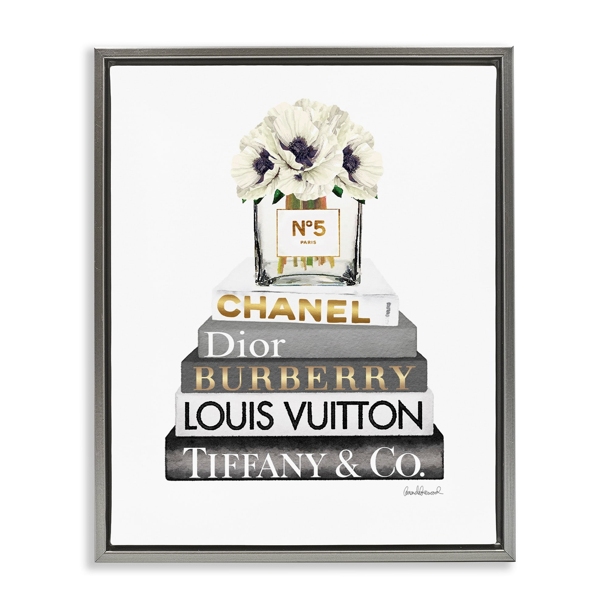 Stupell Industries Blooming White Floral Display on Glam Designer Bookstack Luster Gray Framed Floating Canvas Wall Art, 16x20, by Amanda Greenwood