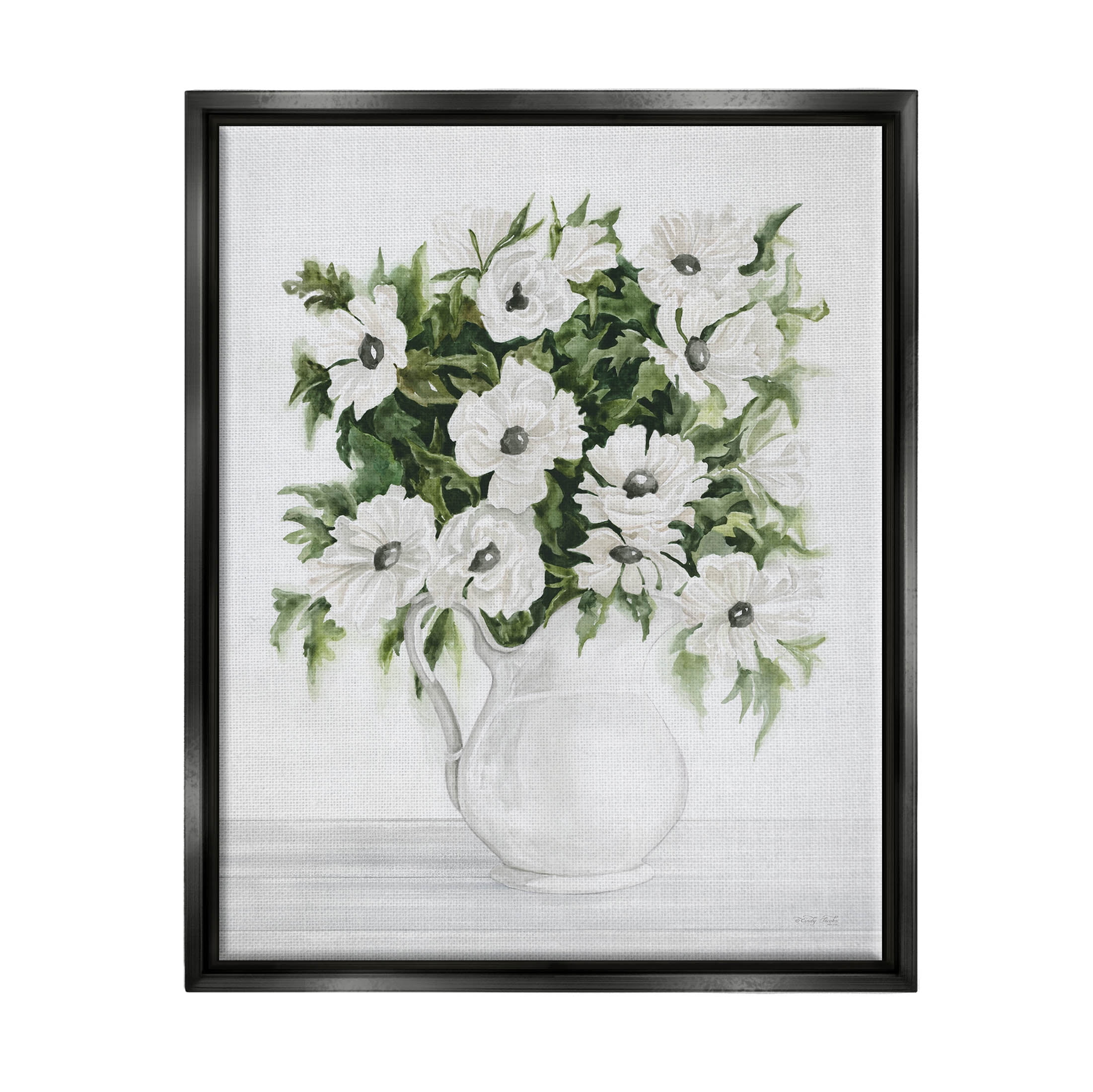 Stupell Industries Blooming White Flowers Still Life Vase Painting Jet Black Floating Framed Canvas Print Wall Art, Design by Cindy Jacobs
