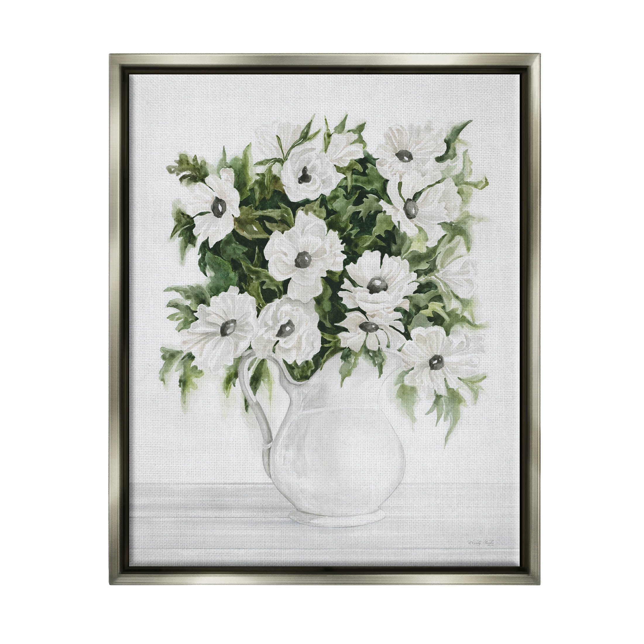 Stupell Industries Blooming White Flowers Still Life Vase Painting Luster Gray Floating Framed Canvas Print Wall Art, Design by Cindy Jacobs
