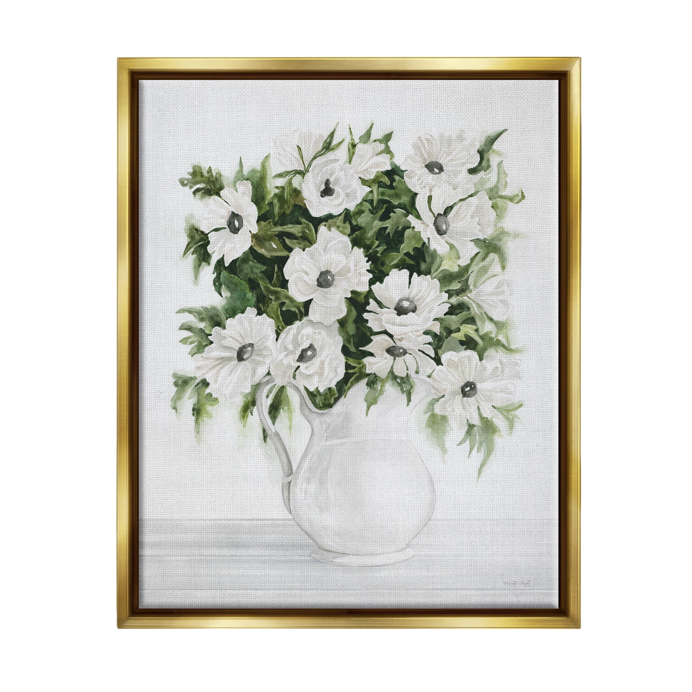 Stupell Industries Blooming White Flowers Still Life Vase Painting Metallic Gold Floating Framed Canvas Print Wall Art, Design by Cindy Jacobs