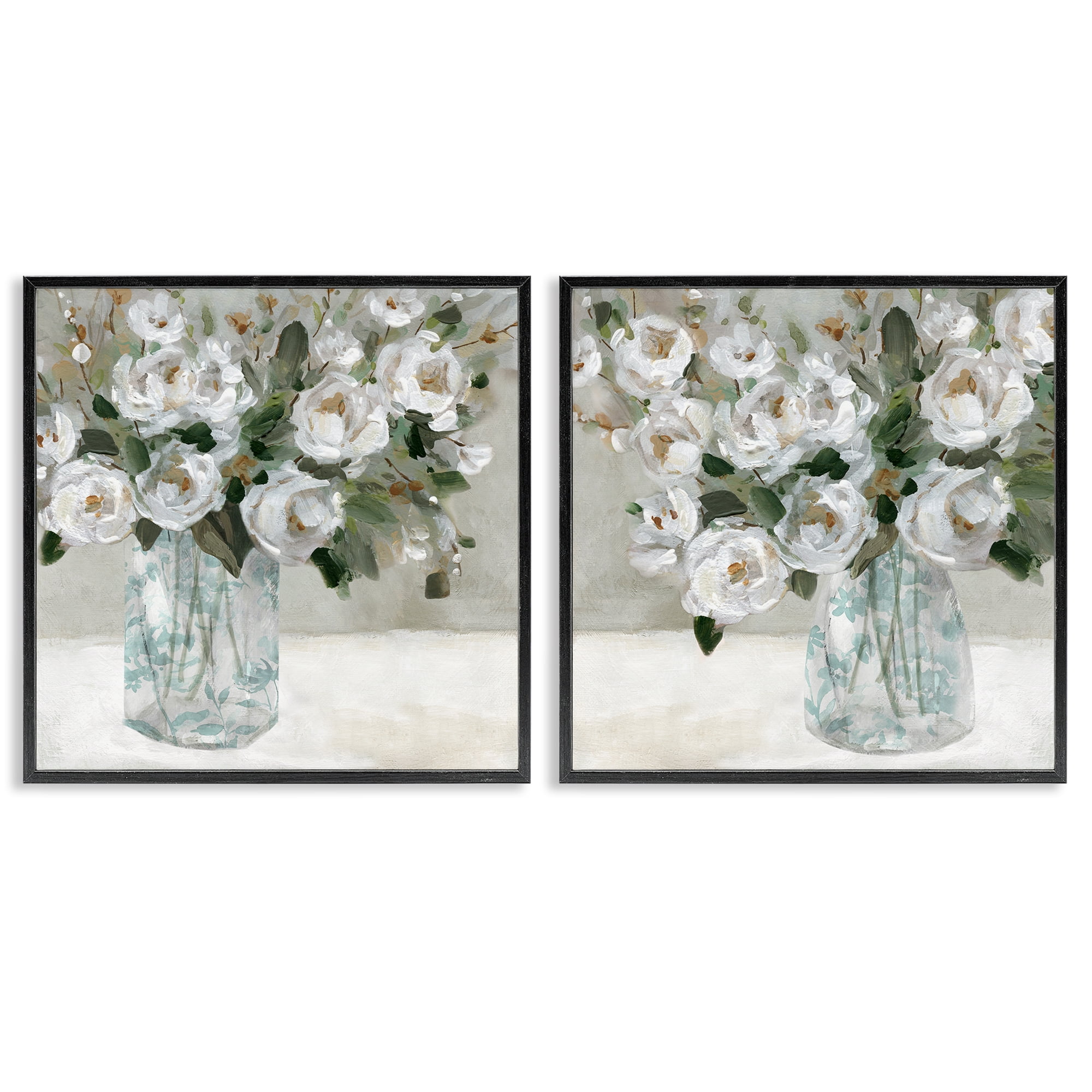 Stupell Industries Blooming White Rose Bouquets Plants & Flowers Painting Black Framed Art Print Wall Art, 12 x 12, Set of 2