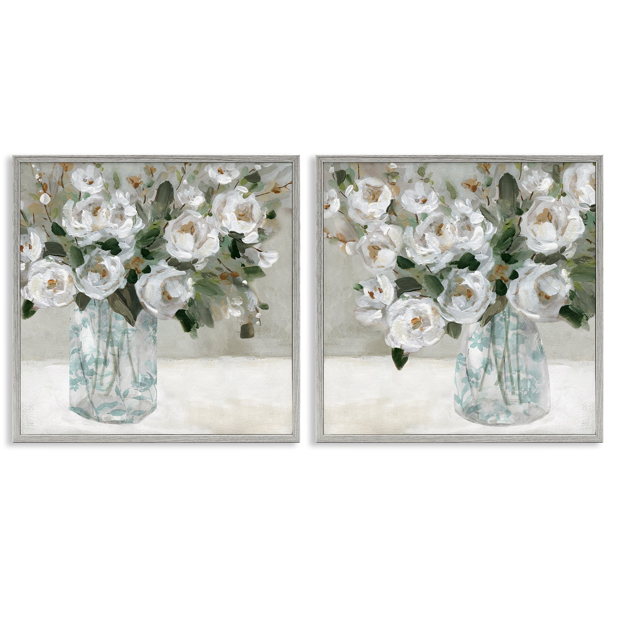 Stupell Industries Blooming White Rose Bouquets Plants & Flowers Painting Gray Framed Art Print Wall Art, 12 x 12, Set of 2