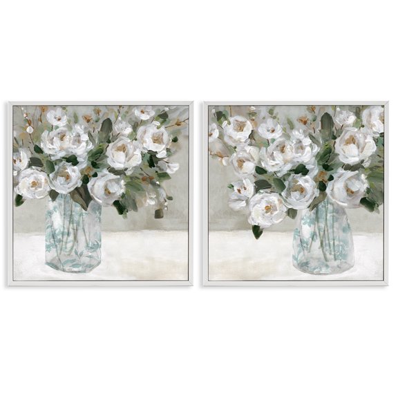 Stupell Industries Blooming White Rose Bouquets Plants & Flowers Painting White Framed Art Print Wall Art, 17 x 17, Set of 2