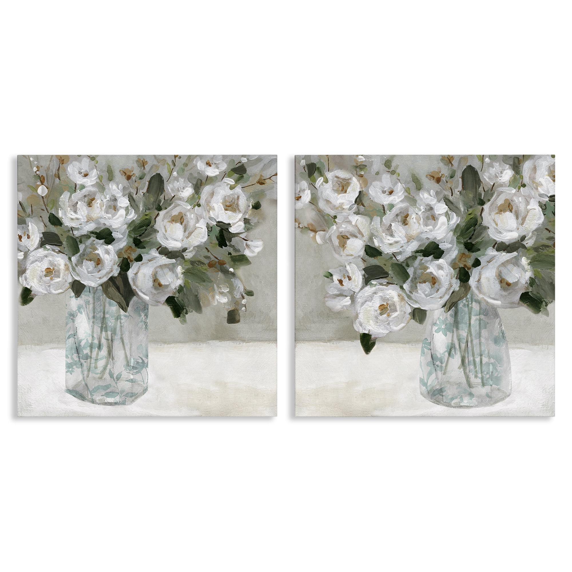 Stupell Industries Blooming White Rose Bouquets Plants & Flowers Painting Wrapped Canvas Art Print Wall Art, 24 x 24, Set of 2