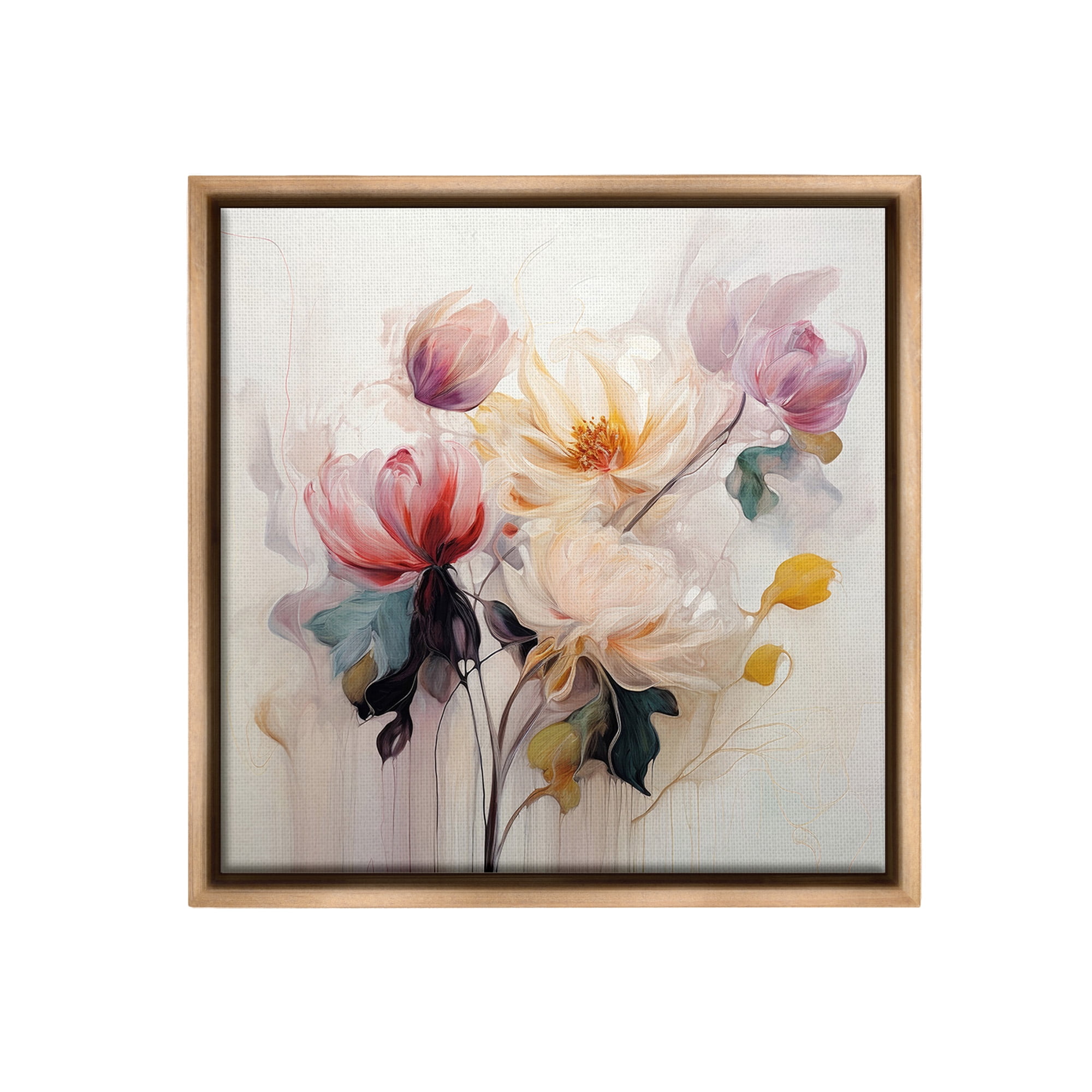 Stupell Industries Blooms in Harmony Botanical & Floral Painting Brown Floater Framed Canvas Art Print Wall Art, 18 x 18