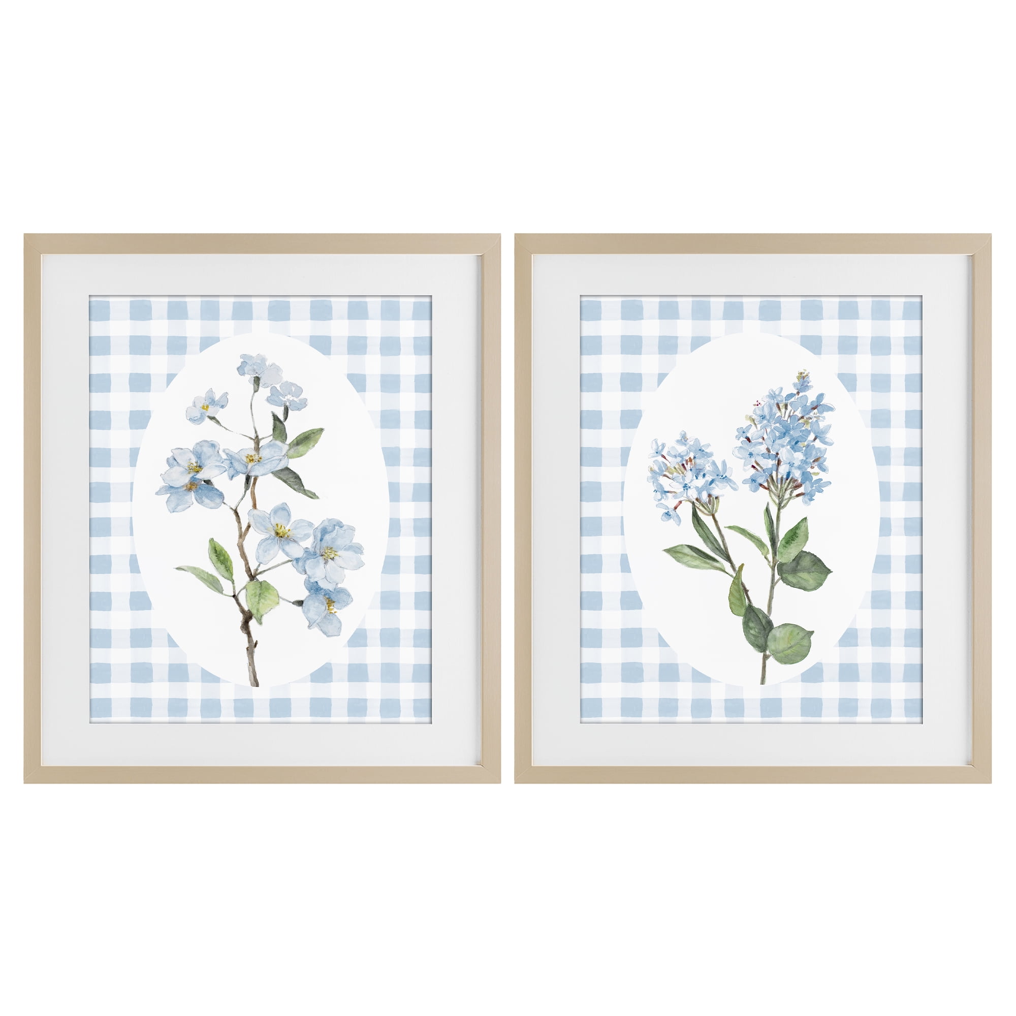 Stupell Industries Blooms on Blue Checkered 2 Piece Birch Framed Print Under Glass Set, design by Lanie Loreth