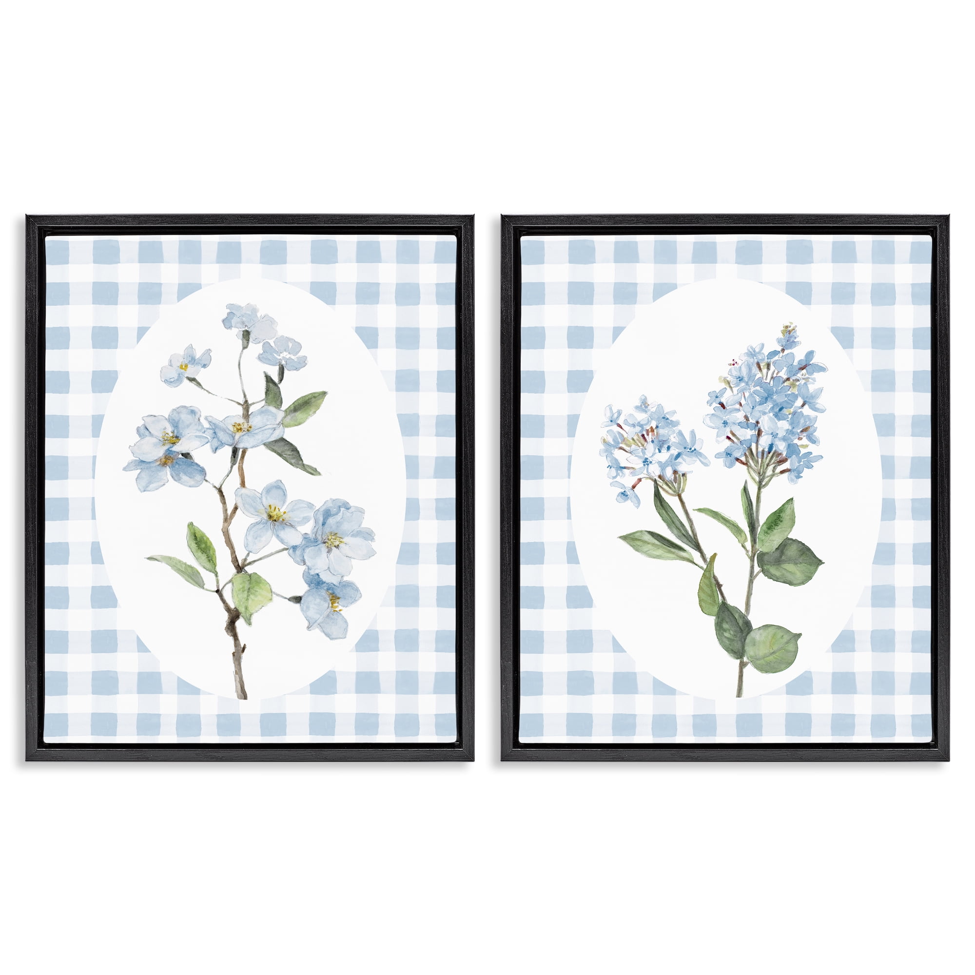 Stupell Industries Blooms on Blue Checkered 2 Piece Black Framed Floater Canvas Set, design by Lanie Loreth