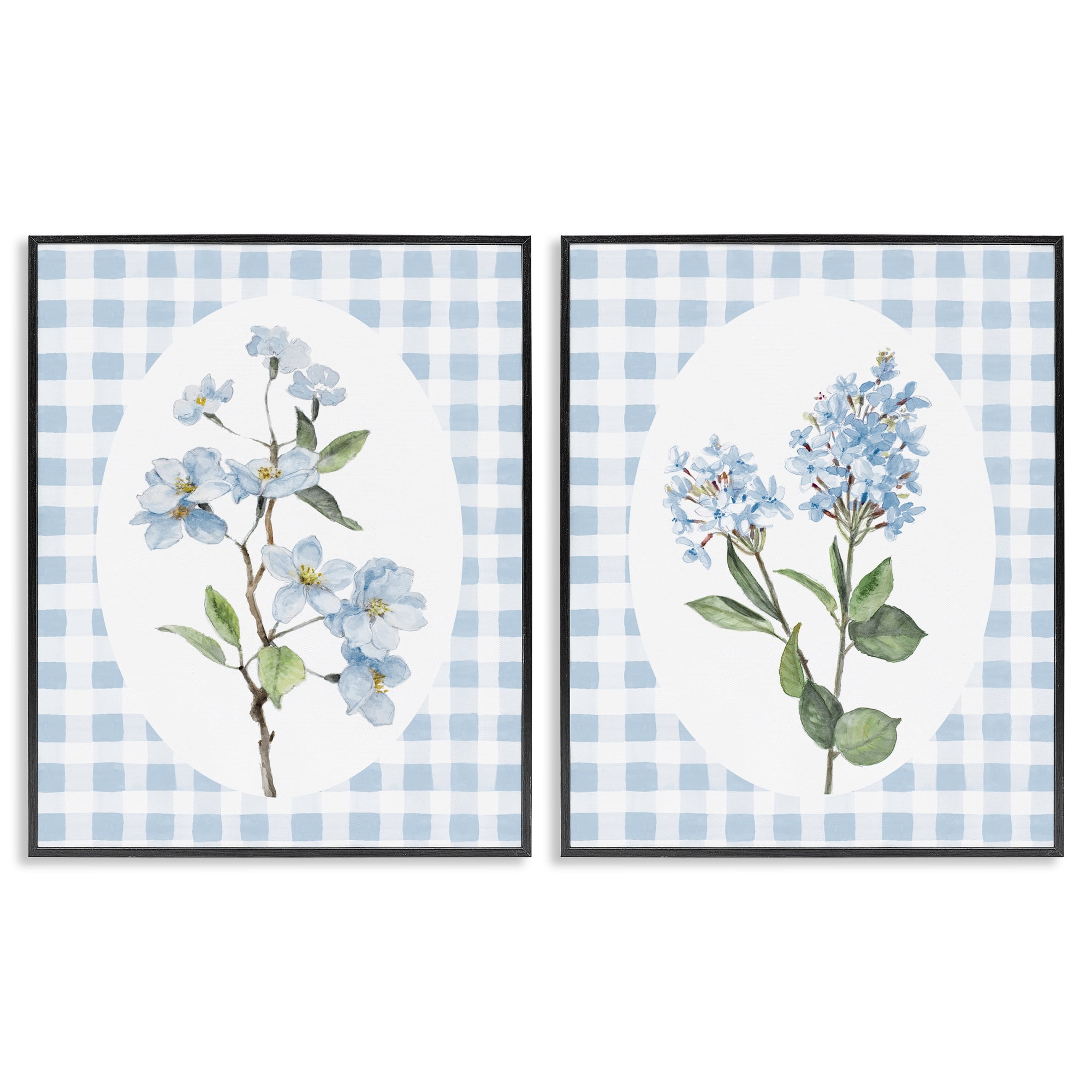 Stupell Industries Blooms on Blue Checkered 2 Piece Black Framed Giclee Art Set, design by Lanie Loreth