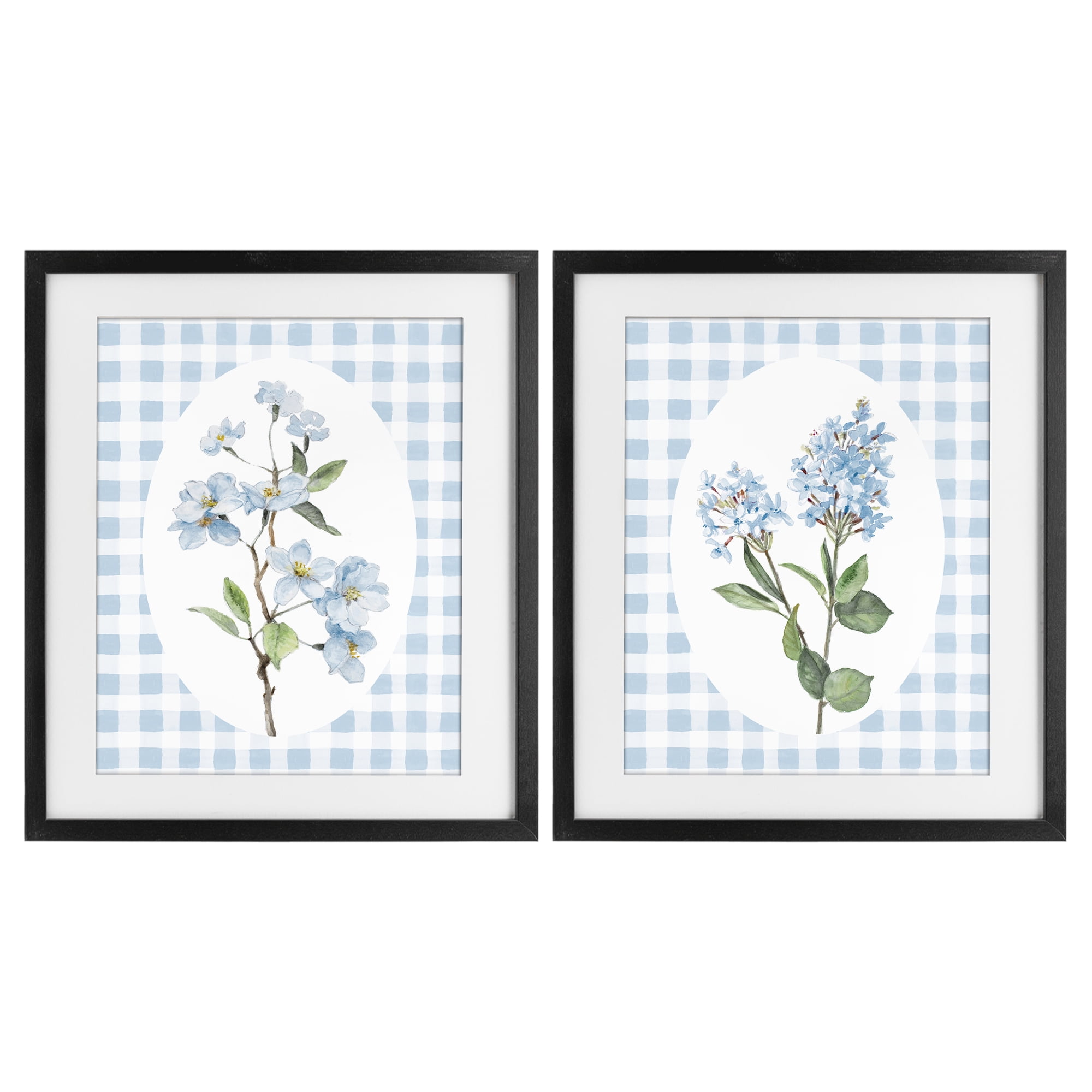 Stupell Industries Blooms on Blue Checkered 2 Piece Black Framed Print Under Glass Set, design by Lanie Loreth