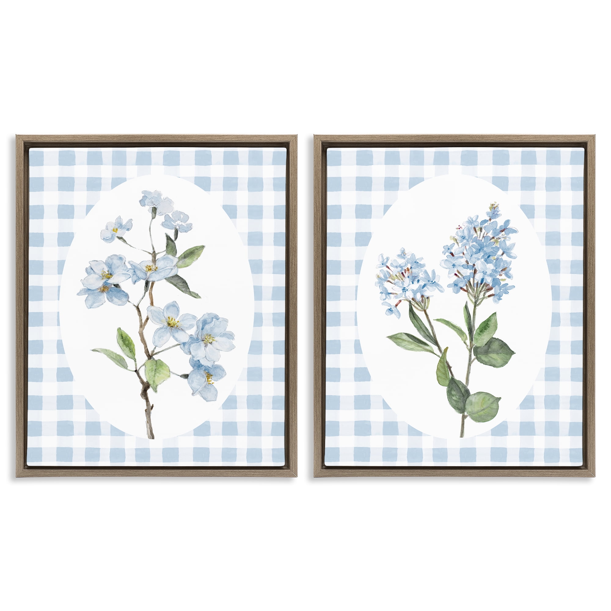 Stupell Industries Blooms on Blue Checkered 2 Piece Brown Framed Floater Canvas Set, design by Lanie Loreth