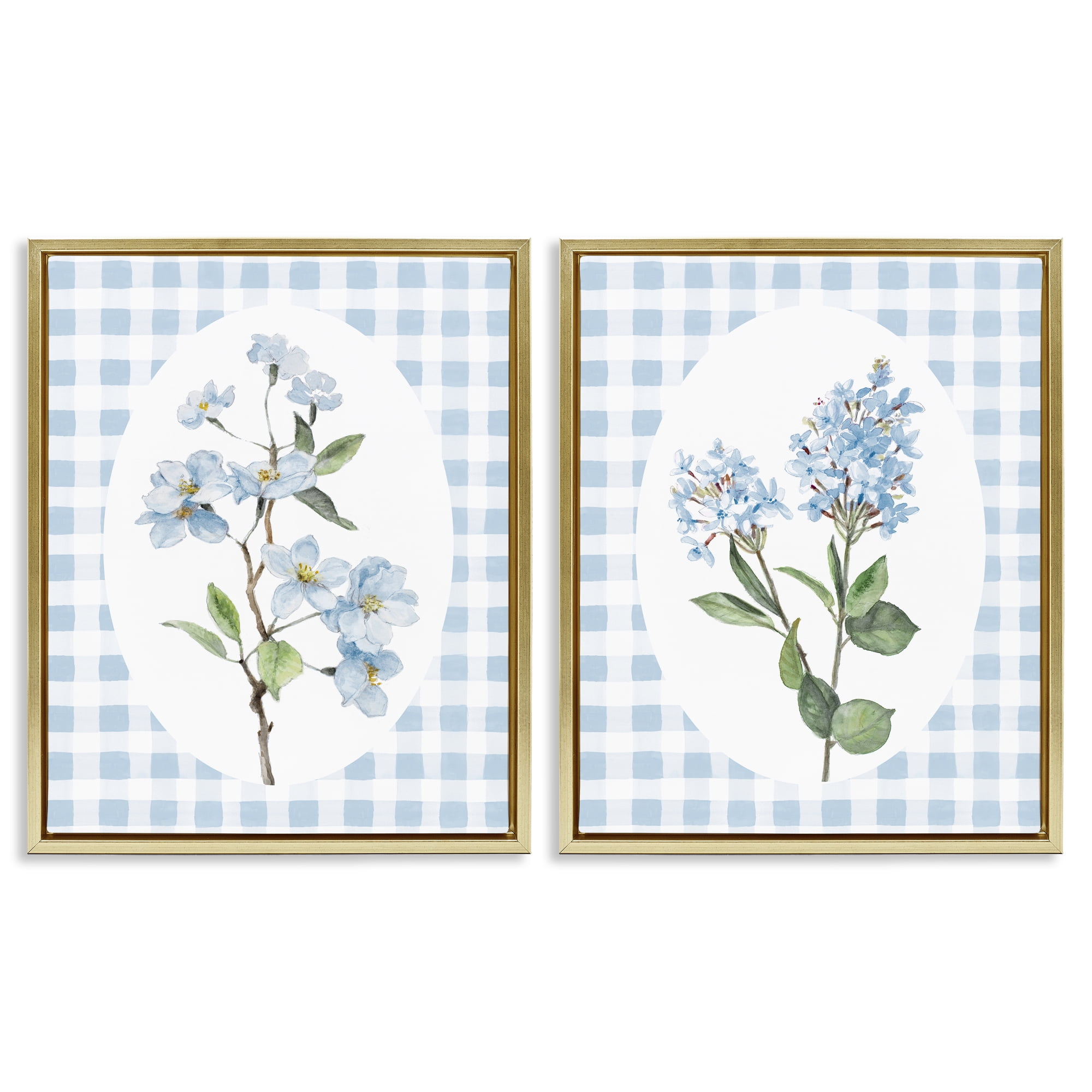 Stupell Industries Blooms on Blue Checkered 2 Piece Gold Framed Floater Canvas Set, design by Lanie Loreth