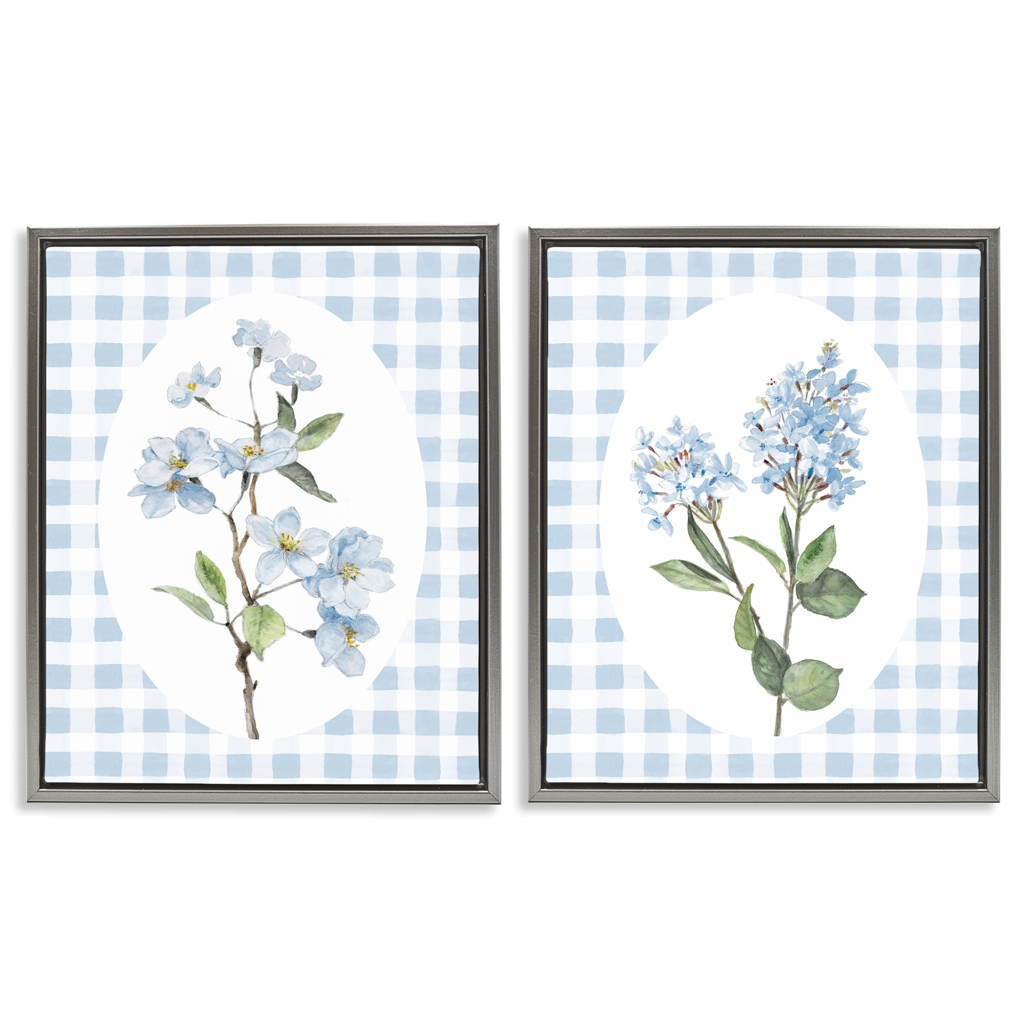 Stupell Industries Blooms on Blue Checkered 2 Piece Gray Framed Floater Canvas Set, design by Lanie Loreth