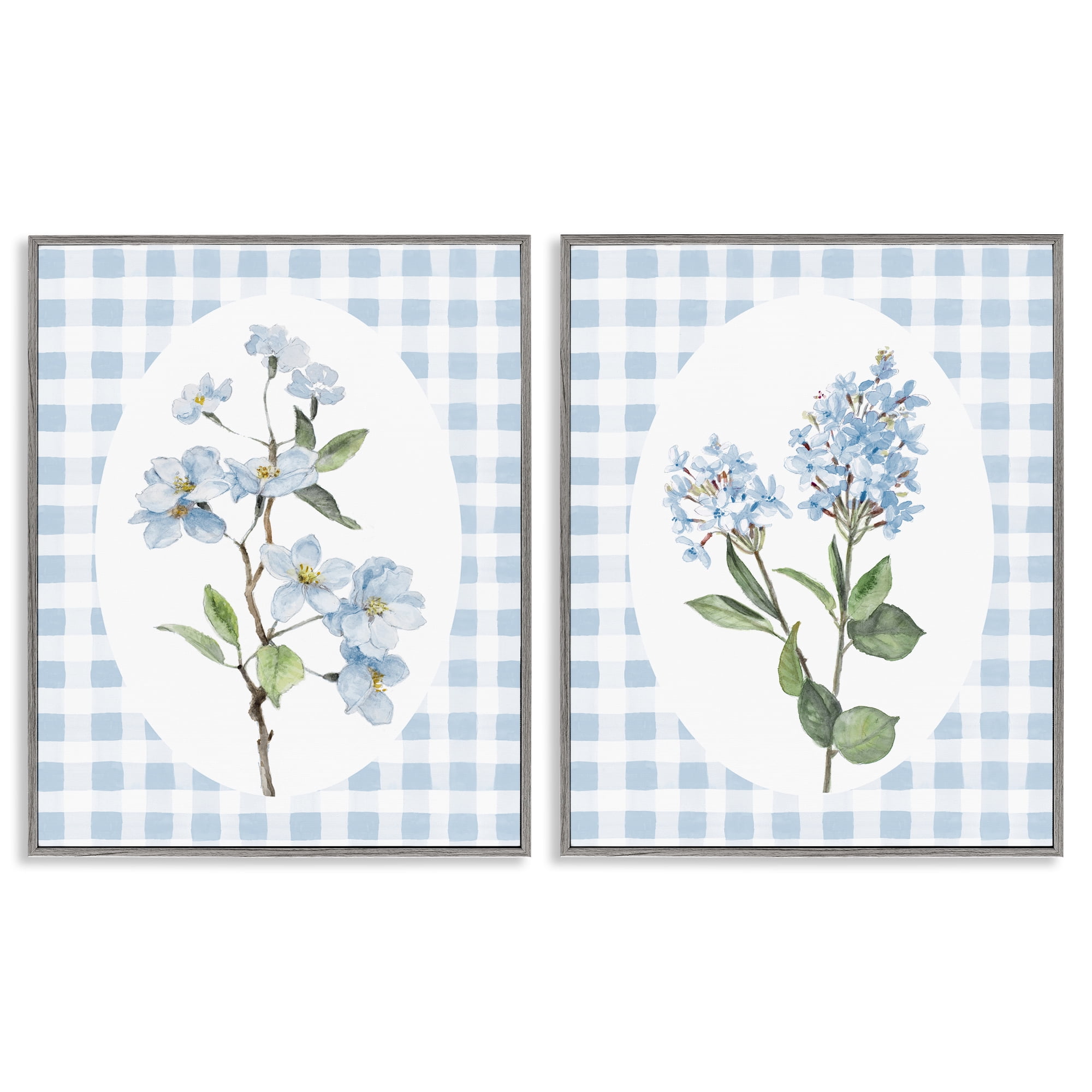 Stupell Industries Blooms on Blue Checkered 2 Piece Gray Framed Giclee Art Set, design by Lanie Loreth