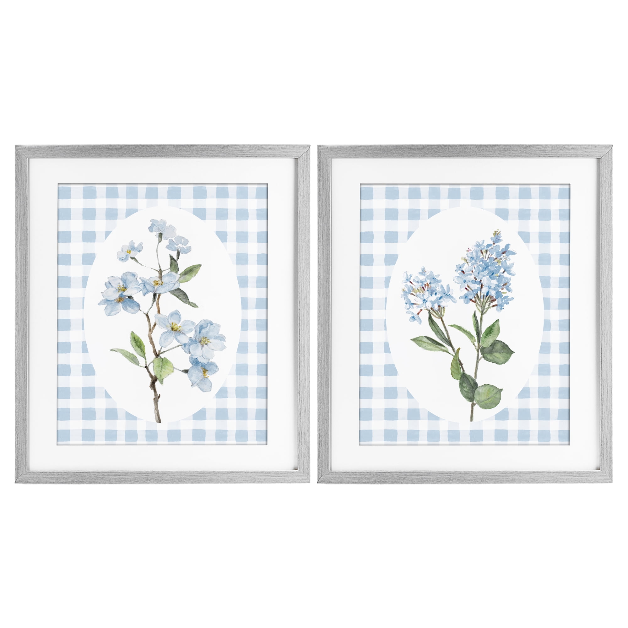 Stupell Industries Blooms on Blue Checkered 2 Piece Gray Framed Print Under Glass Set, design by Lanie Loreth