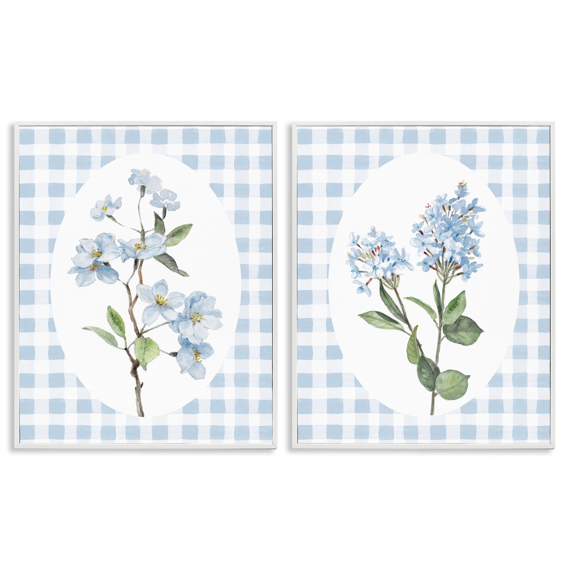 Stupell Industries Blooms on Blue Checkered 2 Piece White Framed Giclee Art Set, design by Lanie Loreth