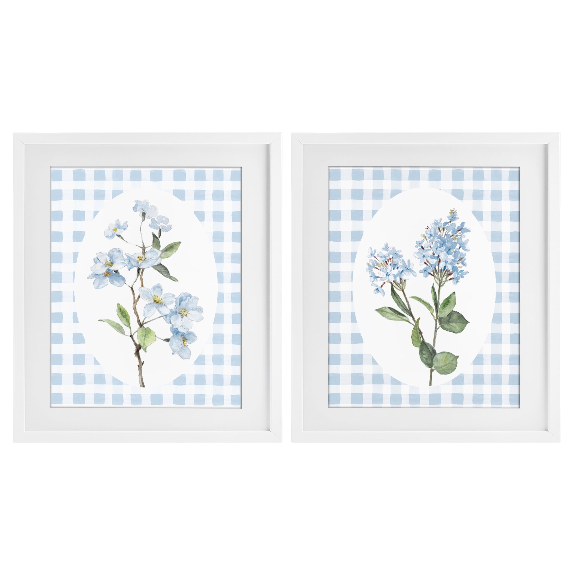Stupell Industries Blooms on Blue Checkered 2 Piece White Framed Print Under Glass Set, design by Lanie Loreth
