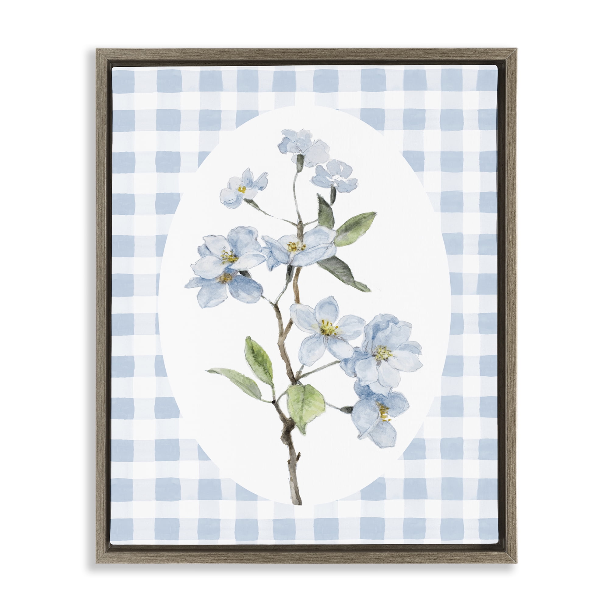 Stupell Industries Blooms on Blue Checkers Brown Framed Floater Canvas Wall Art, design by Lanie Loreth