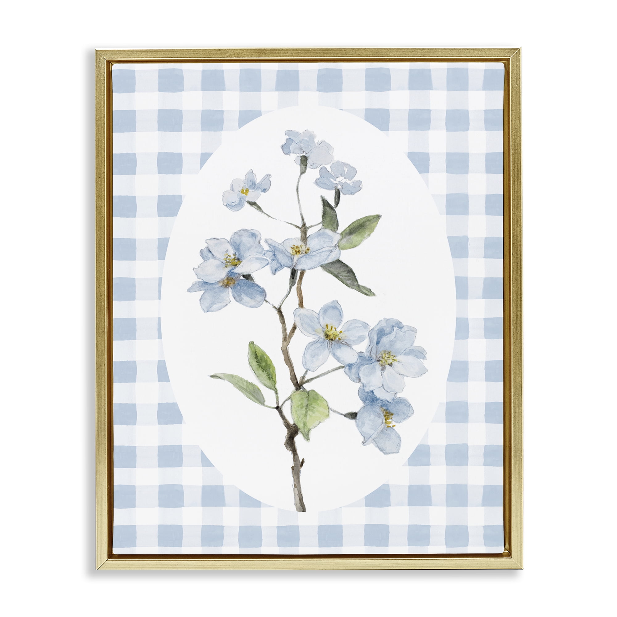 Stupell Industries Blooms on Blue Checkers Gold Framed Floater Canvas Wall Art, design by Lanie Loreth