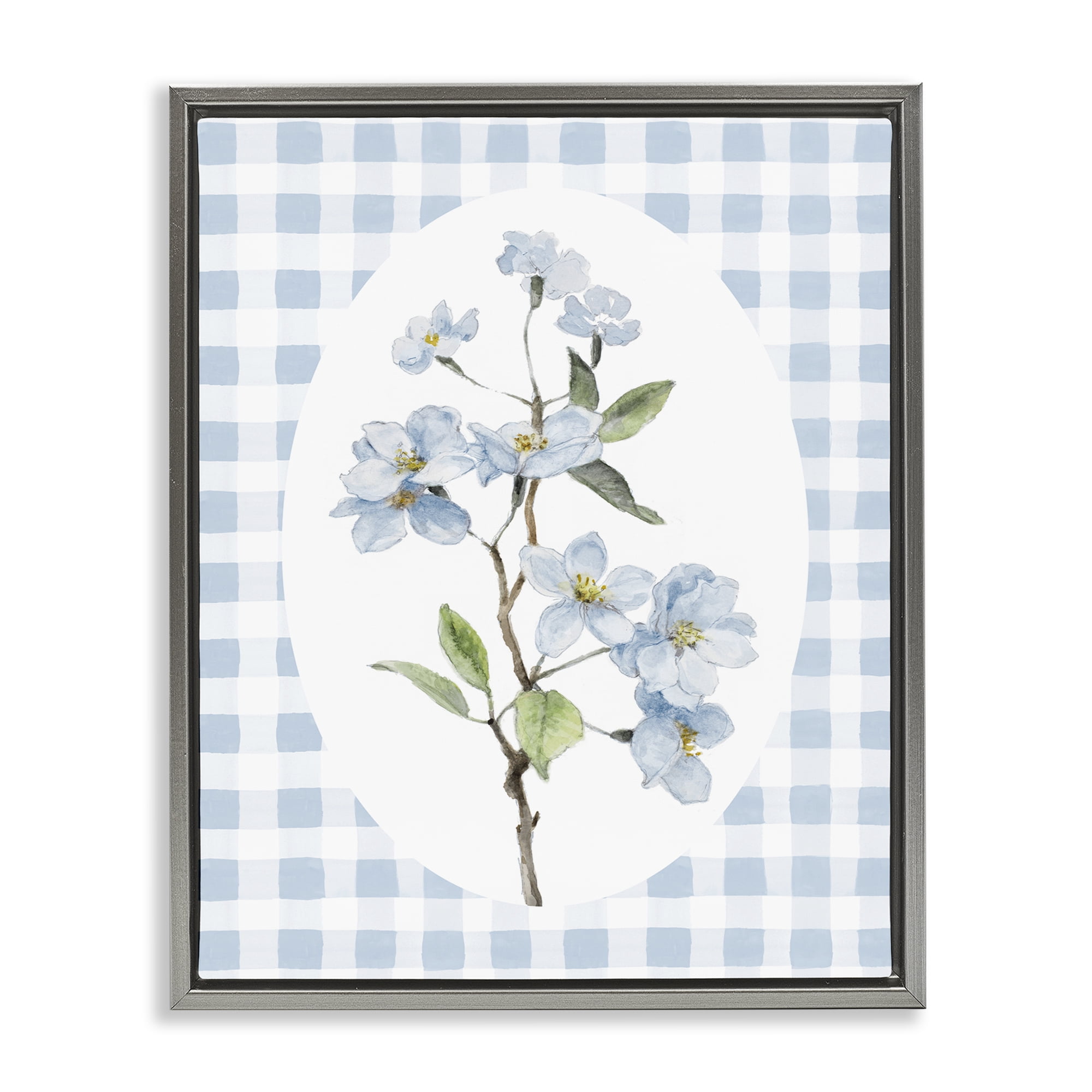 Stupell Industries Blooms on Blue Checkers Gray Framed Floater Canvas Wall Art, design by Lanie Loreth