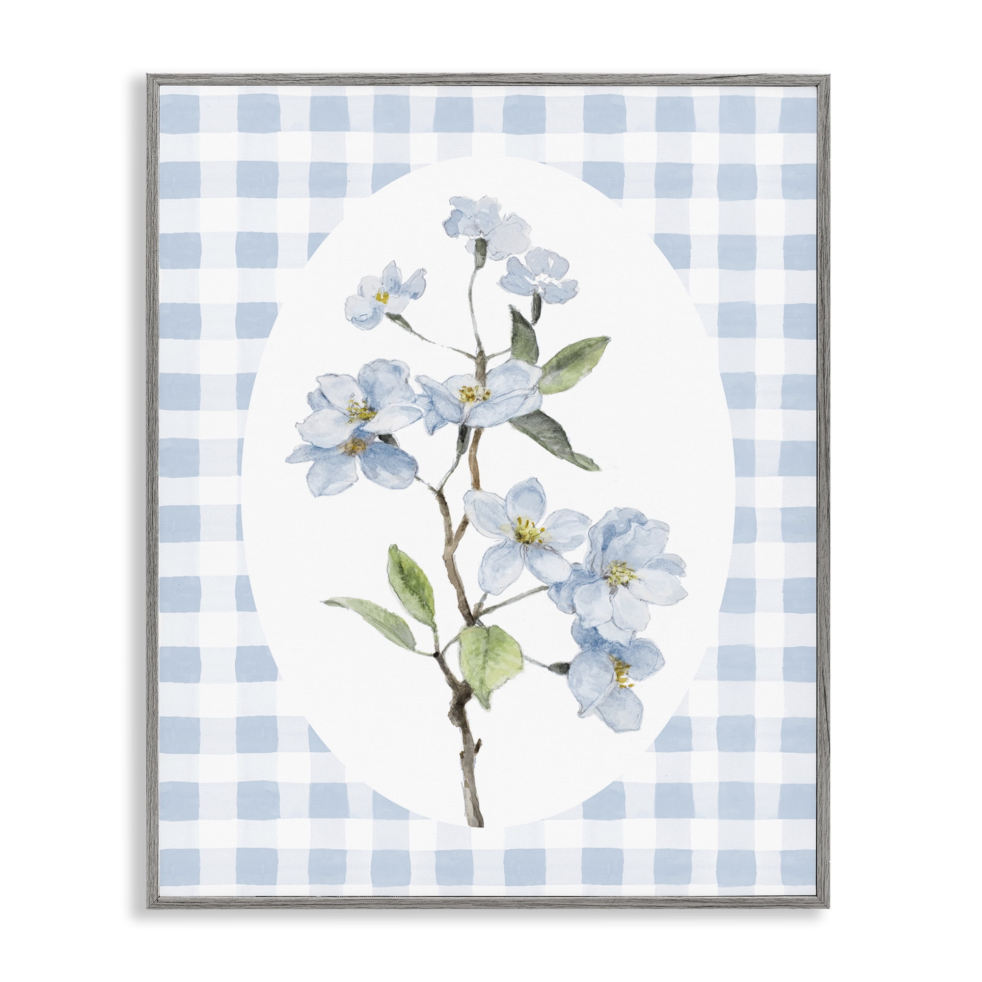 Stupell Industries Blooms on Blue Checkers Gray Framed Giclee Art, design by Lanie Loreth