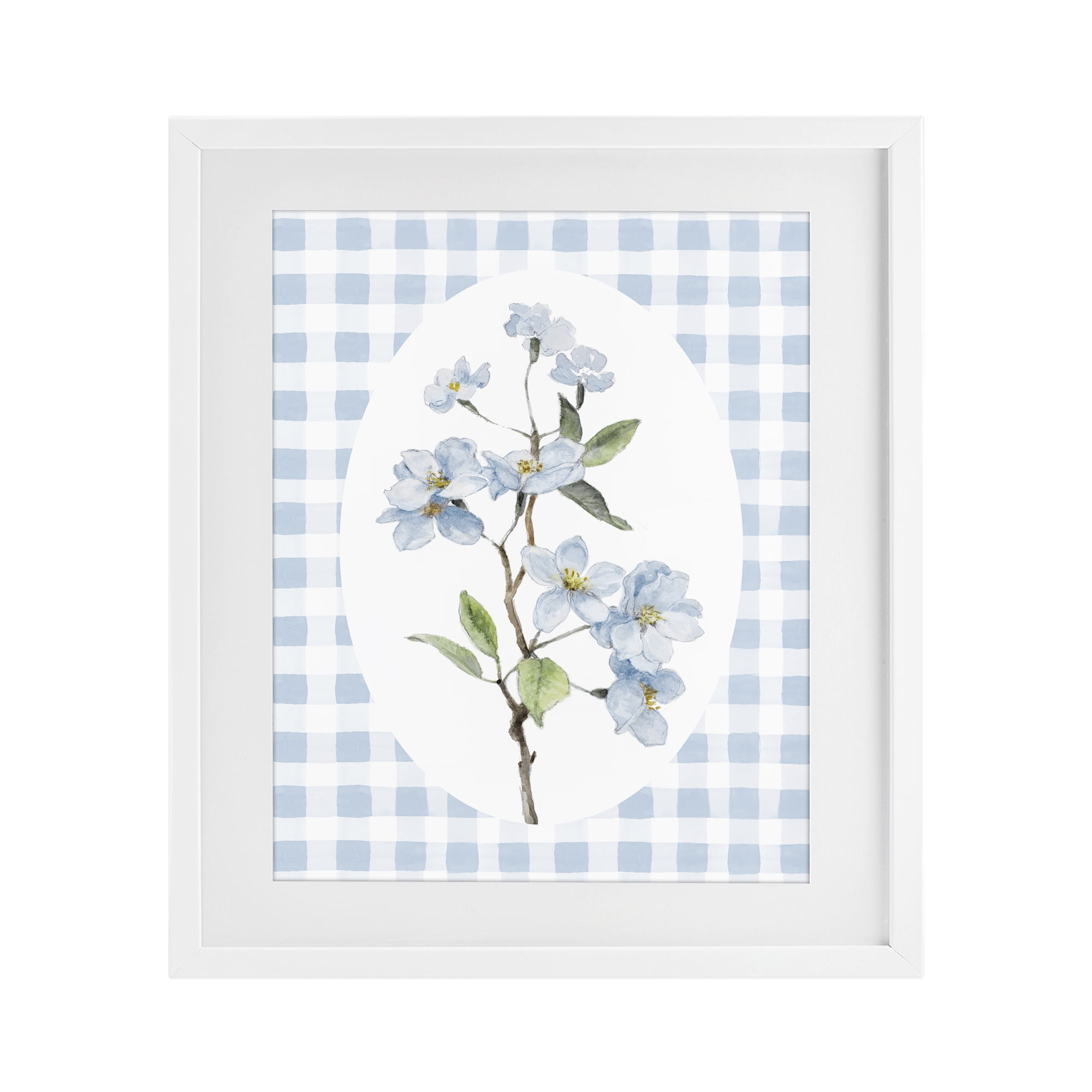 Stupell Industries Blooms on Blue Checkers White Framed Print Under Glass, design by Lanie Loreth