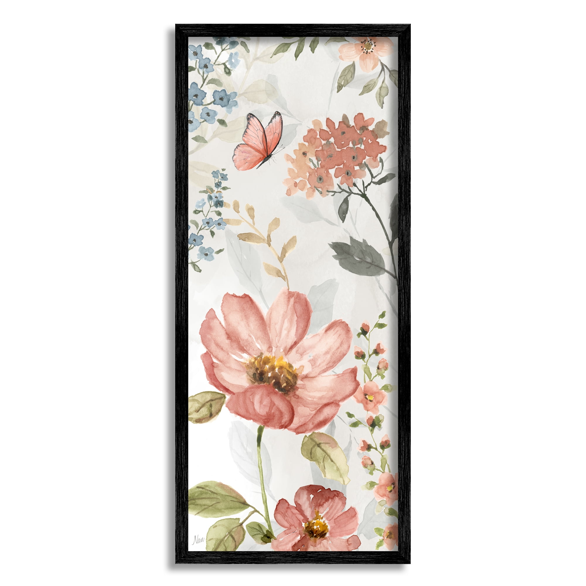 Stupell Industries Blossom & Butterfly Pattern Botanical & Floral Painting Black Framed Art Print Wall Art, 13 x 30