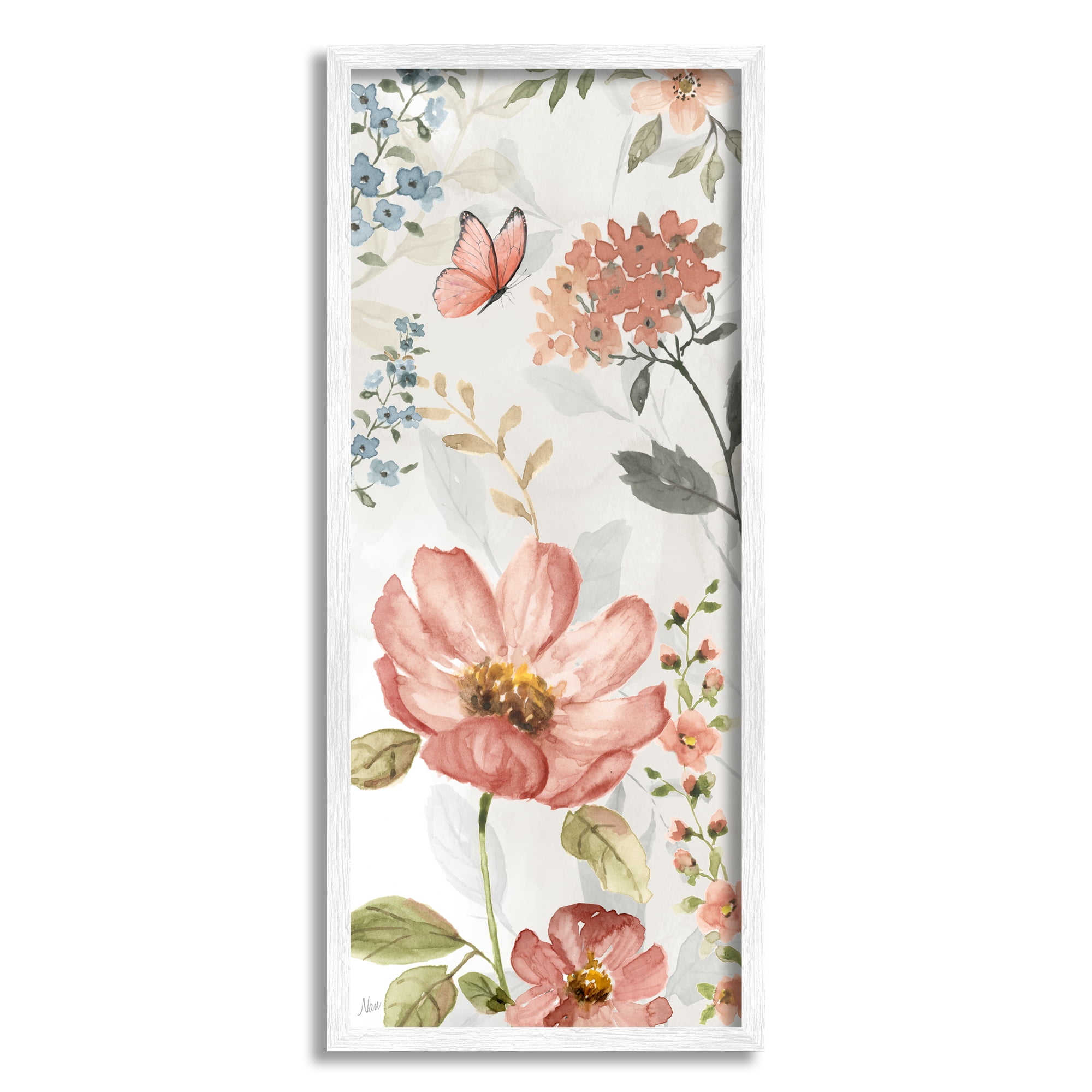 Stupell Industries Blossom & Butterfly Pattern Botanical & Floral Painting White Framed Art Print Wall Art, 13 x 30