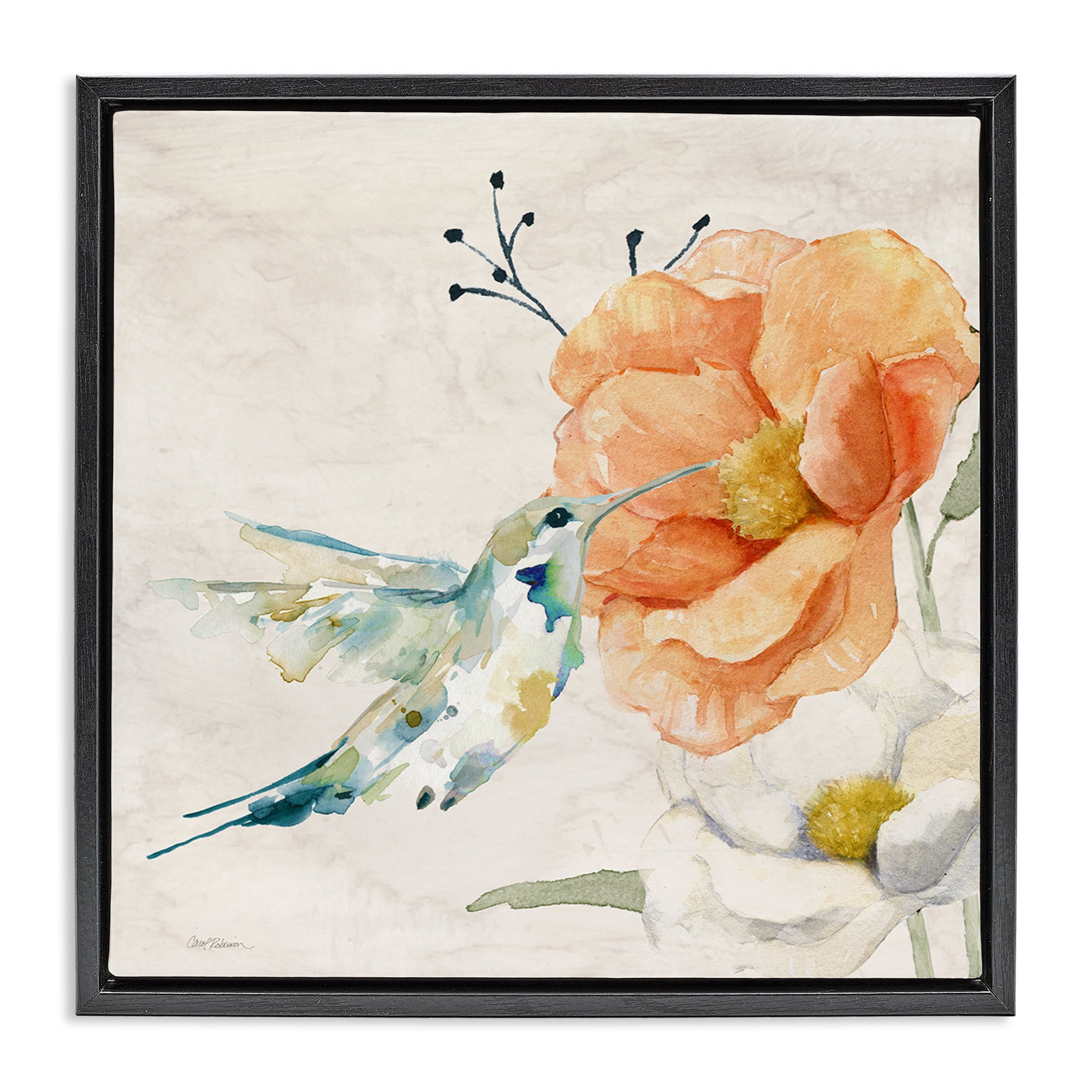 Stupell Industries Blossom & Hummingbird Plants & Flowers Painting Black Floater Framed Canvas Art Print Wall Art, 25 x 25