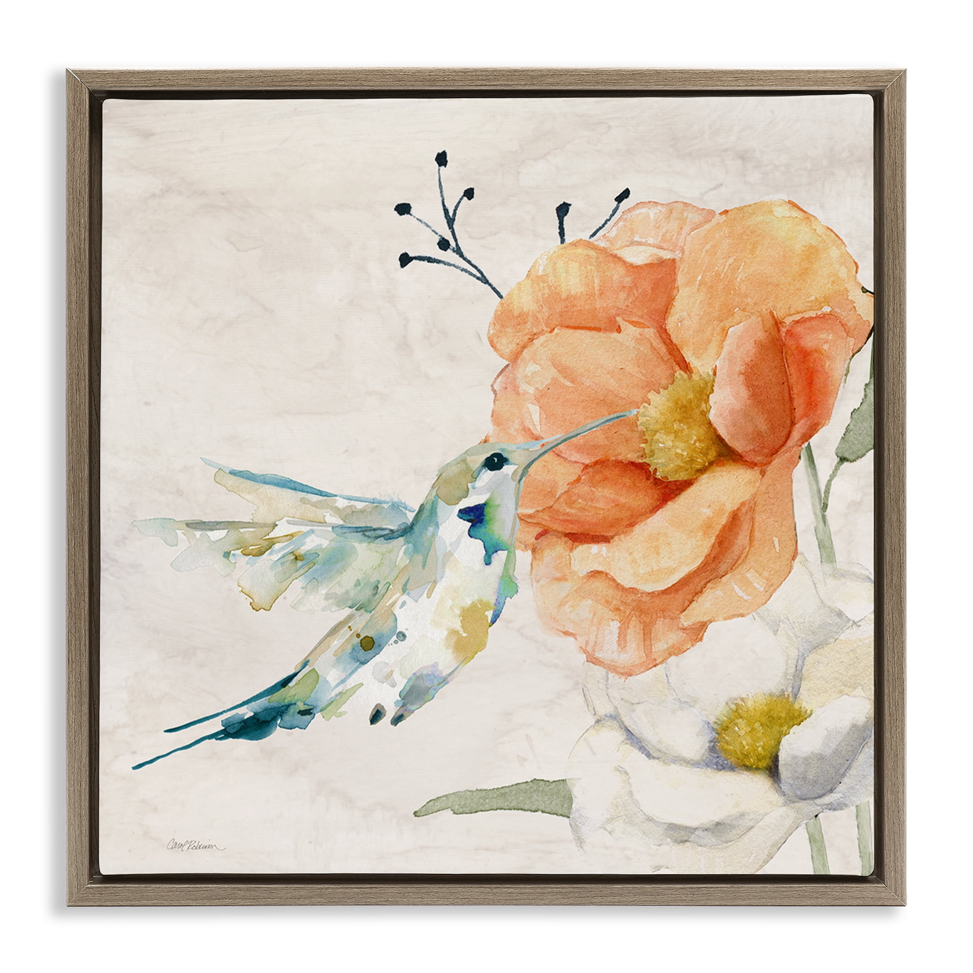 Stupell Industries Blossom & Hummingbird Plants & Flowers Painting Brown Floater Framed Canvas Art Print Wall Art, 18 x 18