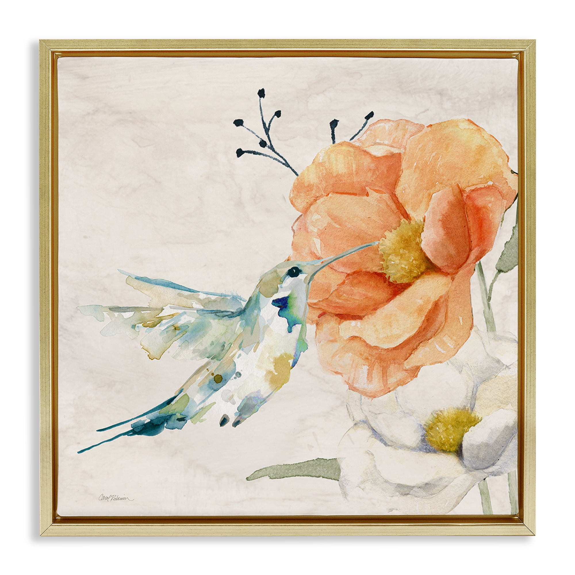 Stupell Industries Blossom & Hummingbird Plants & Flowers Painting Gold Floater Framed Canvas Art Print Wall Art, 25 x 25