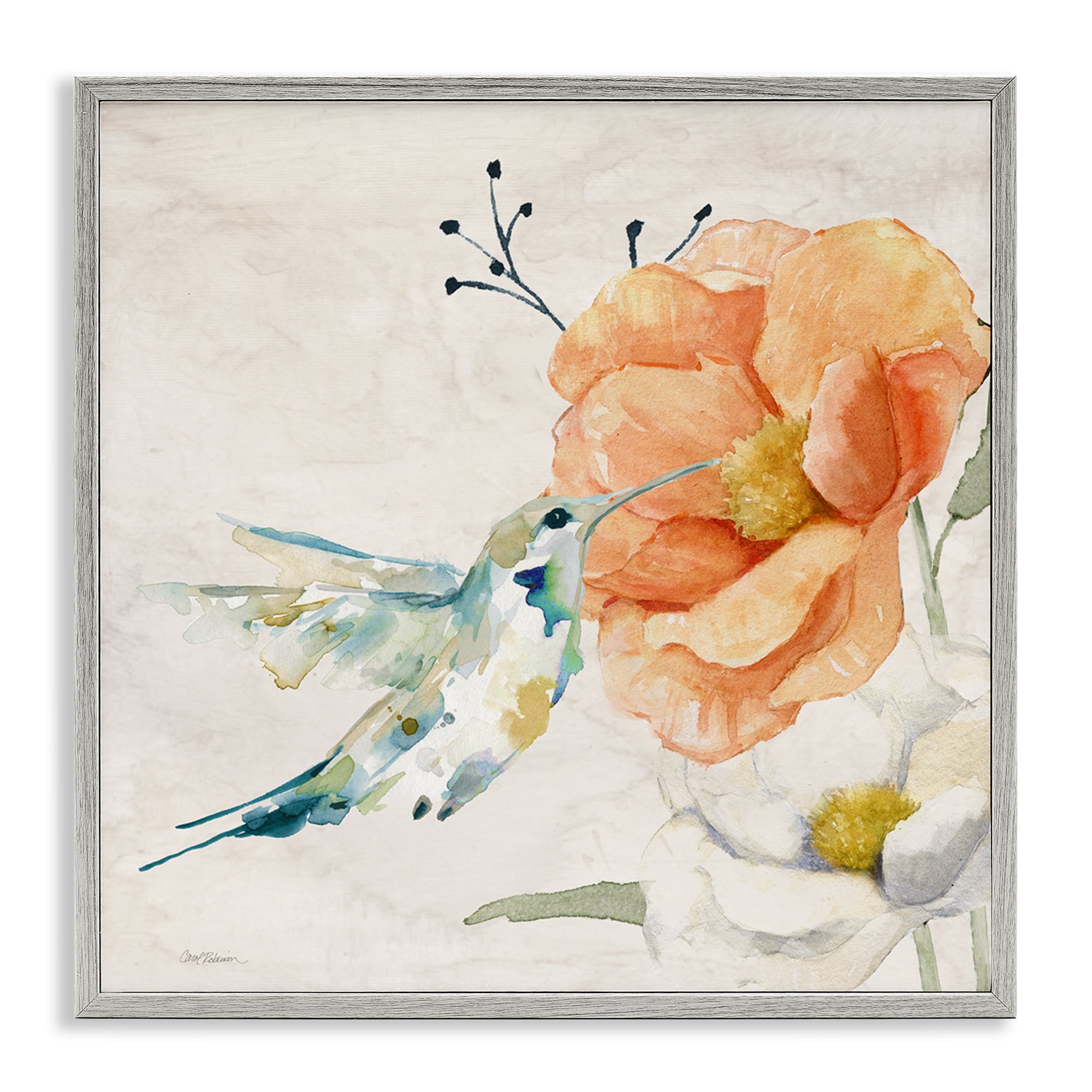Stupell Industries Blossom & Hummingbird Plants & Flowers Painting Gray Framed Art Print Wall Art, 24 x 24