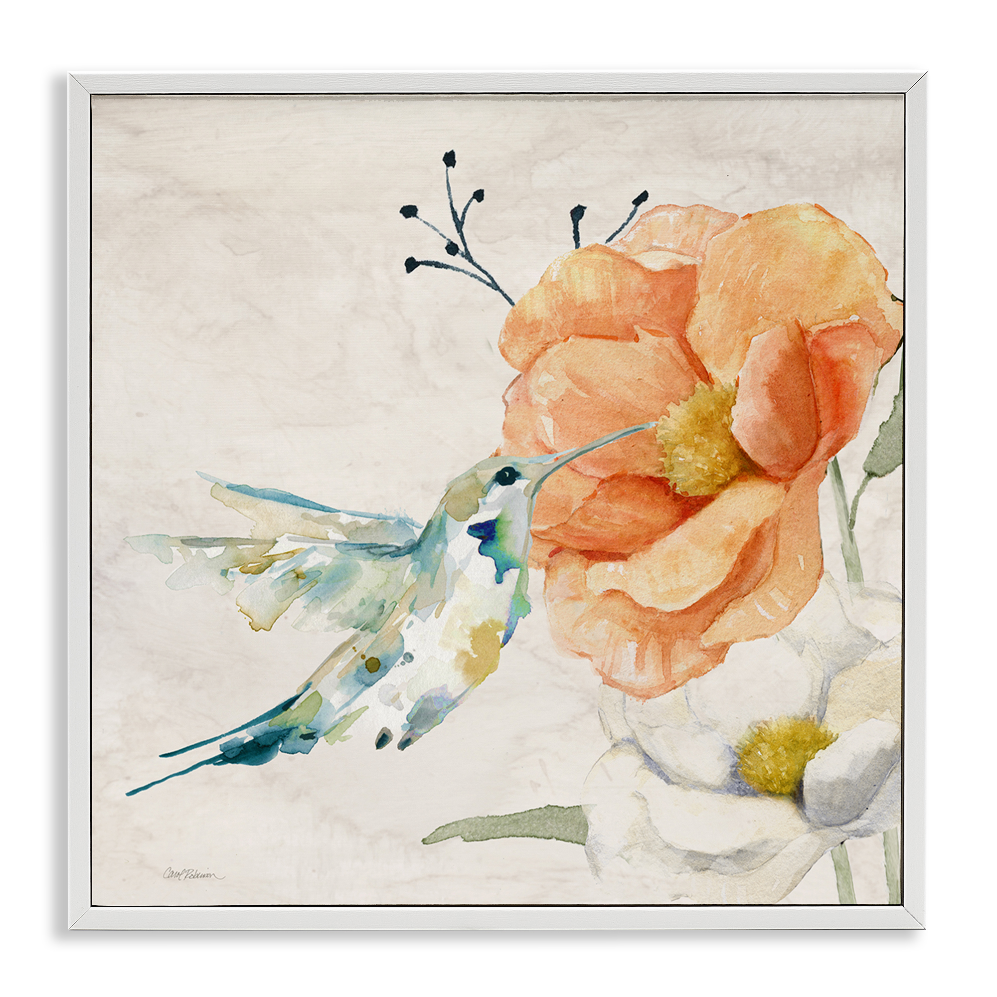 Stupell Industries Blossom & Hummingbird Plants & Flowers Painting White Framed Art Print Wall Art, 12 x 12