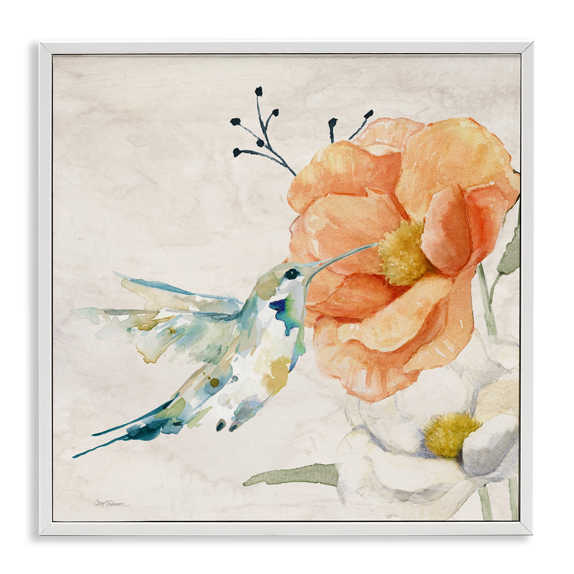 Stupell Industries Blossom & Hummingbird Plants & Flowers Painting White Framed Art Print Wall Art, 17 x 17