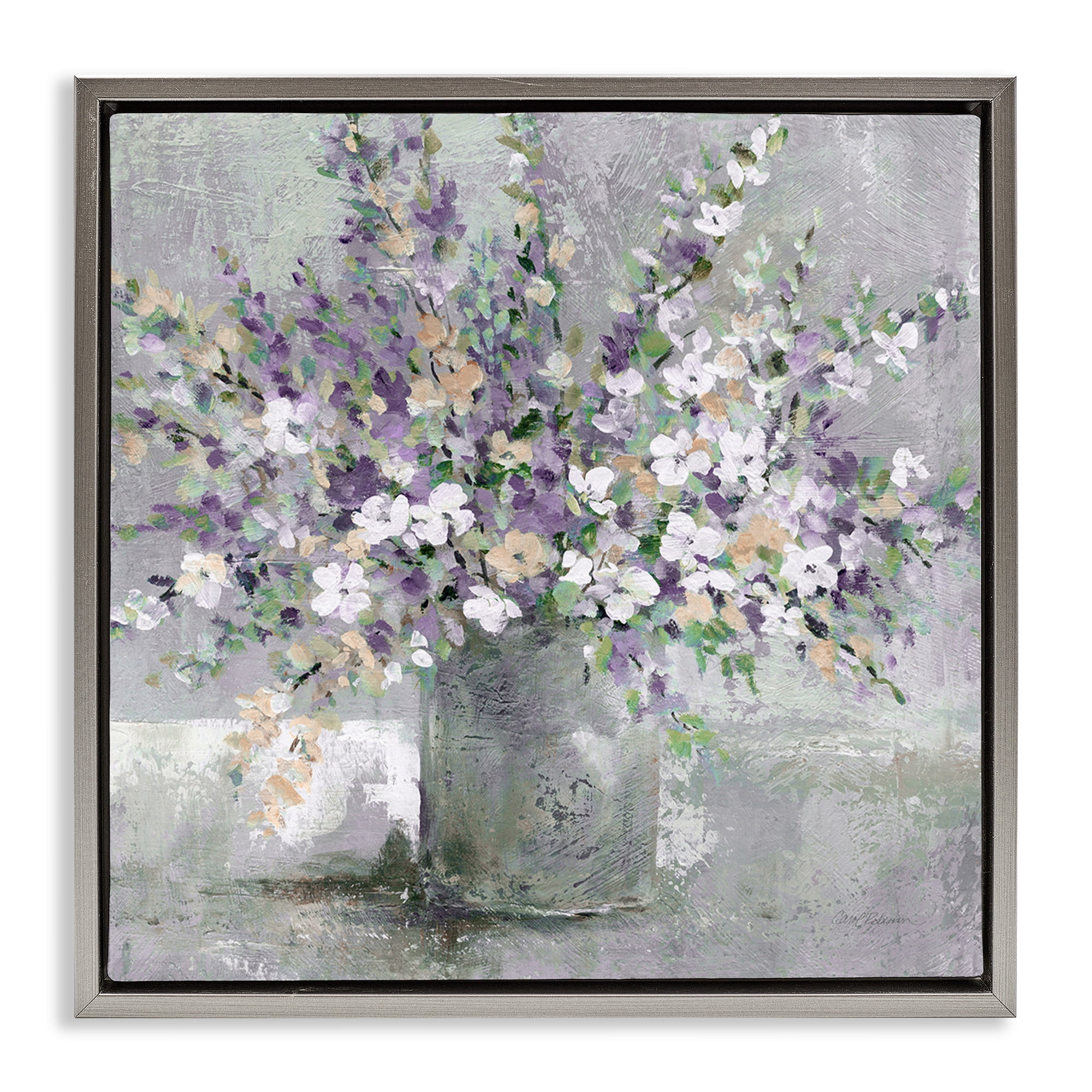 Stupell Industries Blossoming Aster Flower Bouquet Botanical & Floral Painting Gray Floater Framed Canvas Art Print Wall Art, 18 x 18