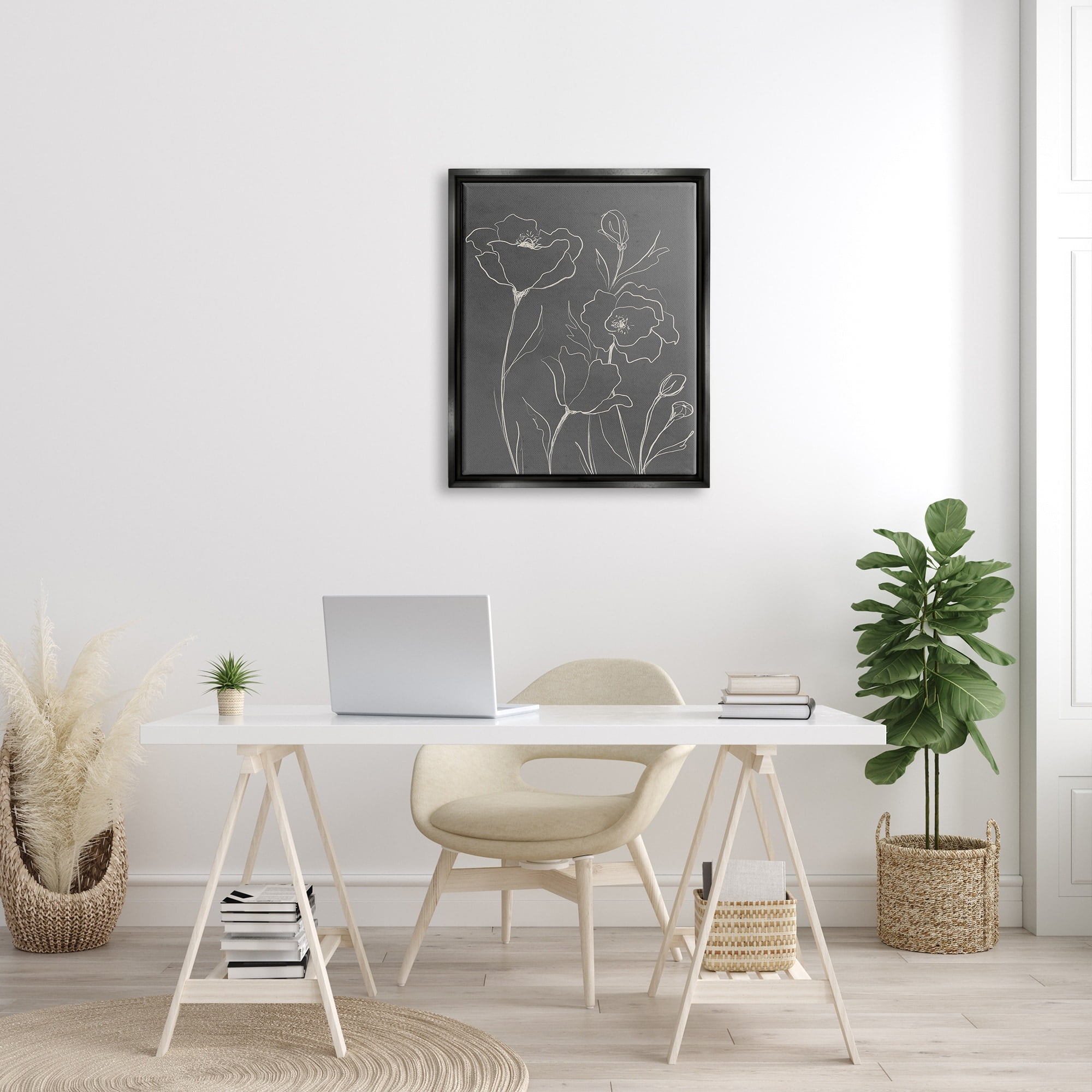 Stupell Industries Blossoming Flower Petals Botanical Line Doodle Drawing Graphic Art Jet Black Floating Framed Canvas Print Wall Art, Design by Elizabeth Medley