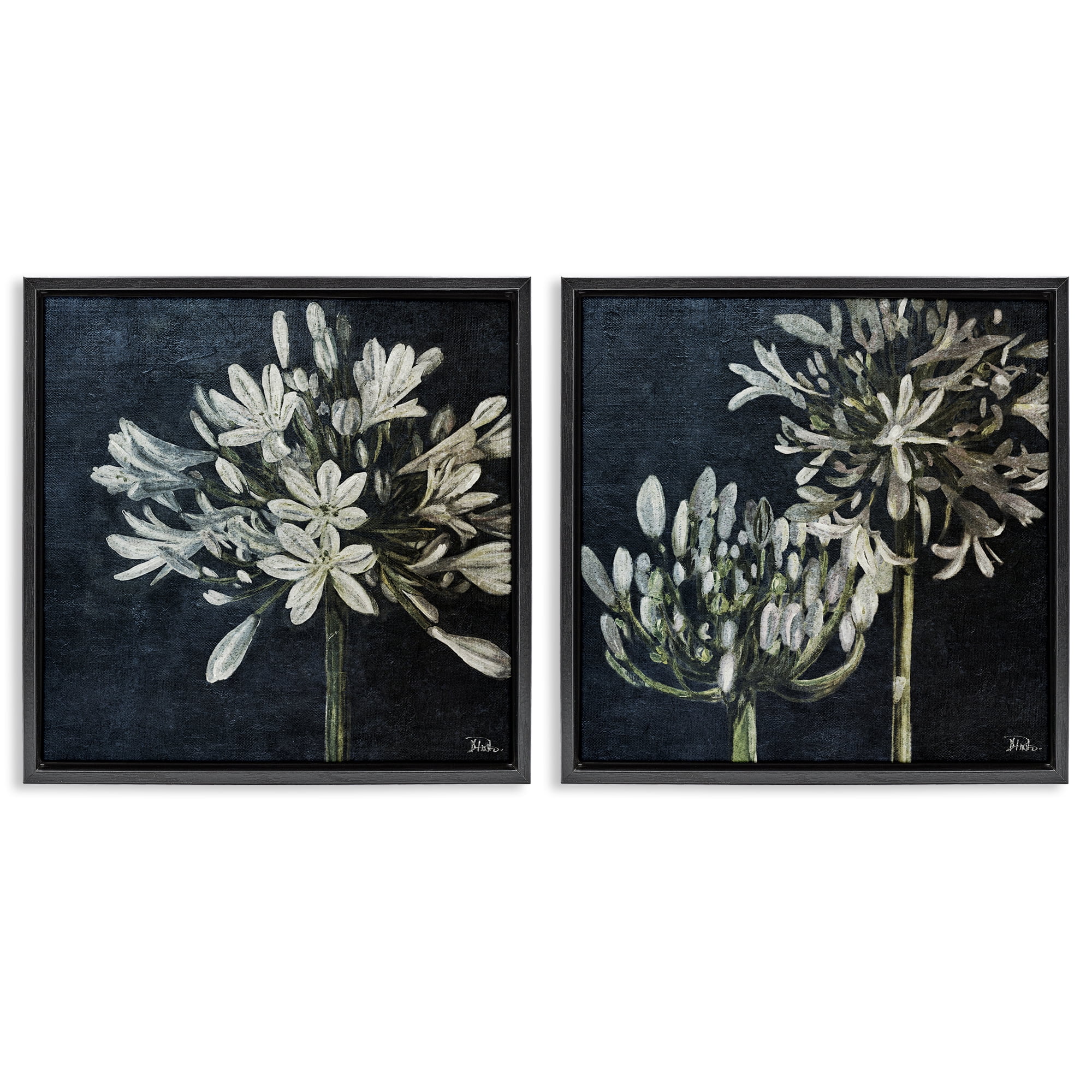 Stupell Industries Blossoming Flower Stem Plants & Flowers Painting Black Floater Framed Canvas Art Print Wall Art, 25 x 25, Set of 2