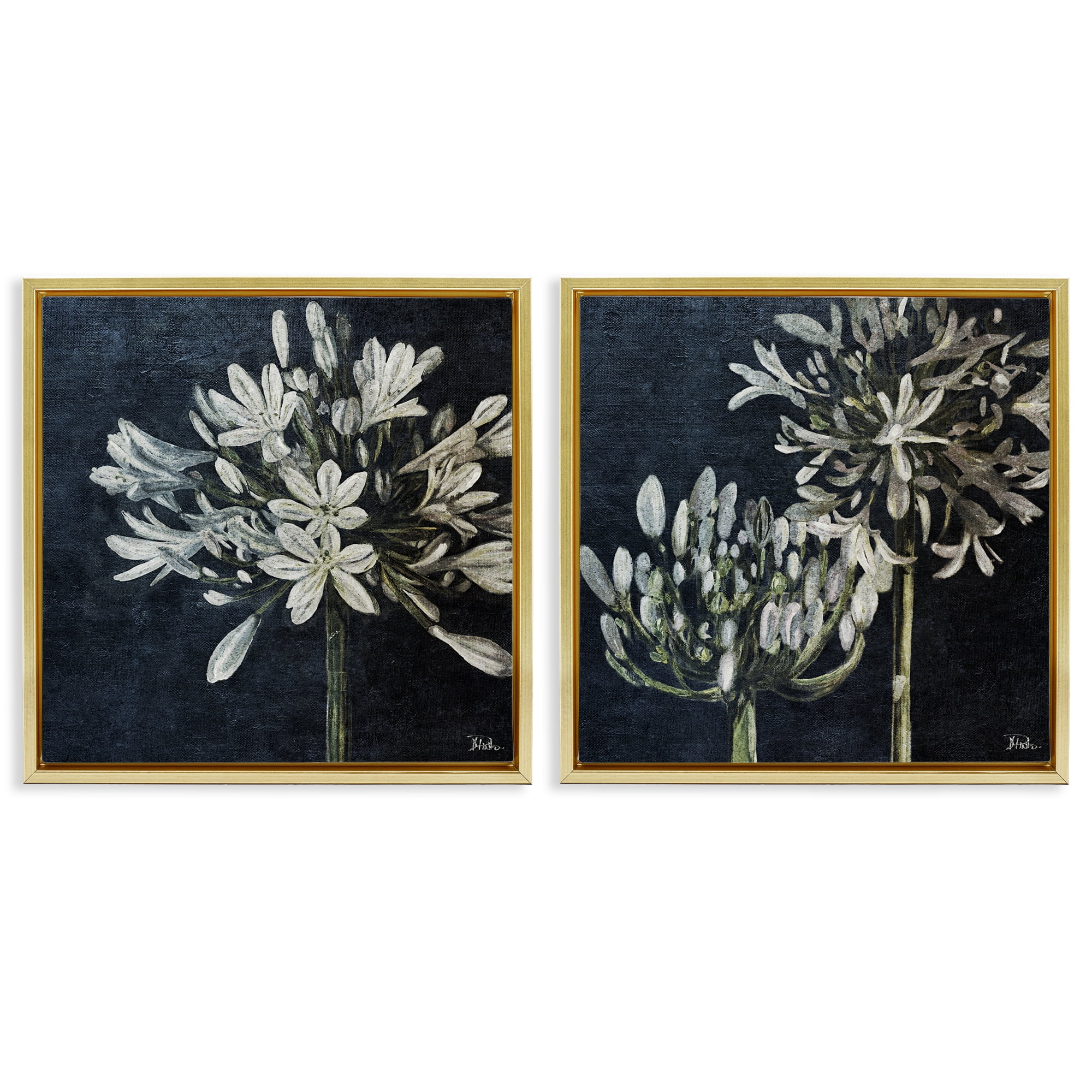 Stupell Industries Blossoming Flower Stem Plants & Flowers Painting Gold Floater Framed Canvas Art Print Wall Art, 25 x 25, Set of 2