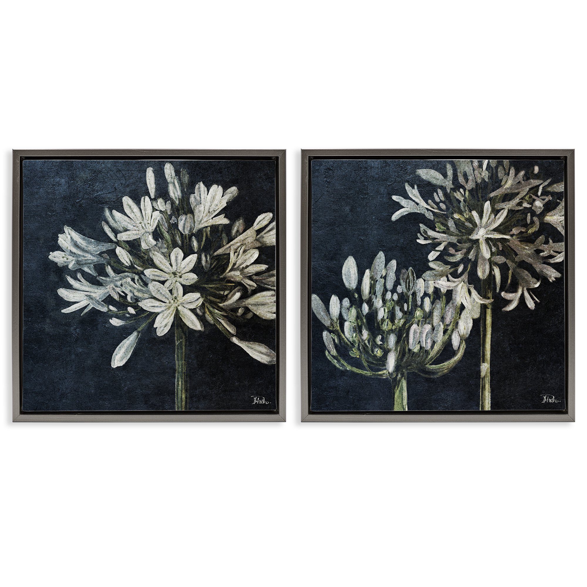 Stupell Industries Blossoming Flower Stem Plants & Flowers Painting Gray Floater Framed Canvas Art Print Wall Art, 18 x 18, Set of 2