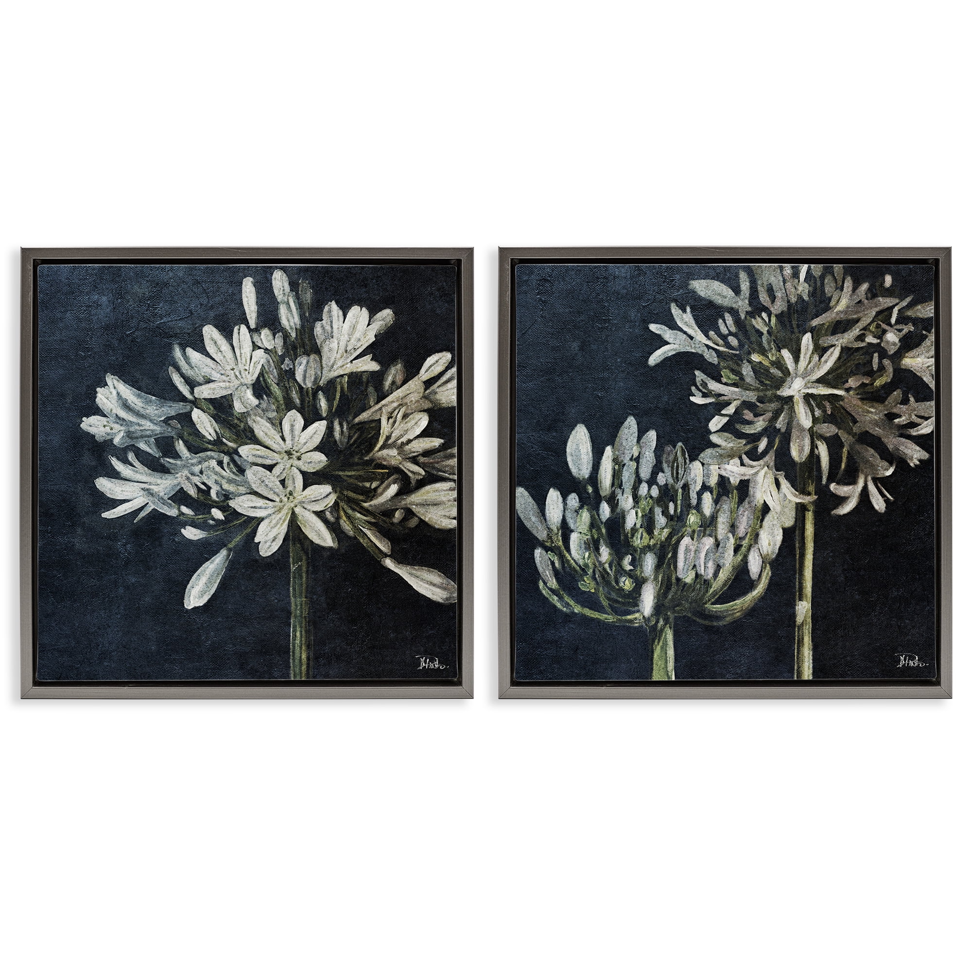 Stupell Industries Blossoming Flower Stem Plants & Flowers Painting Gray Floater Framed Canvas Art Print Wall Art, 25 x 25, Set of 2