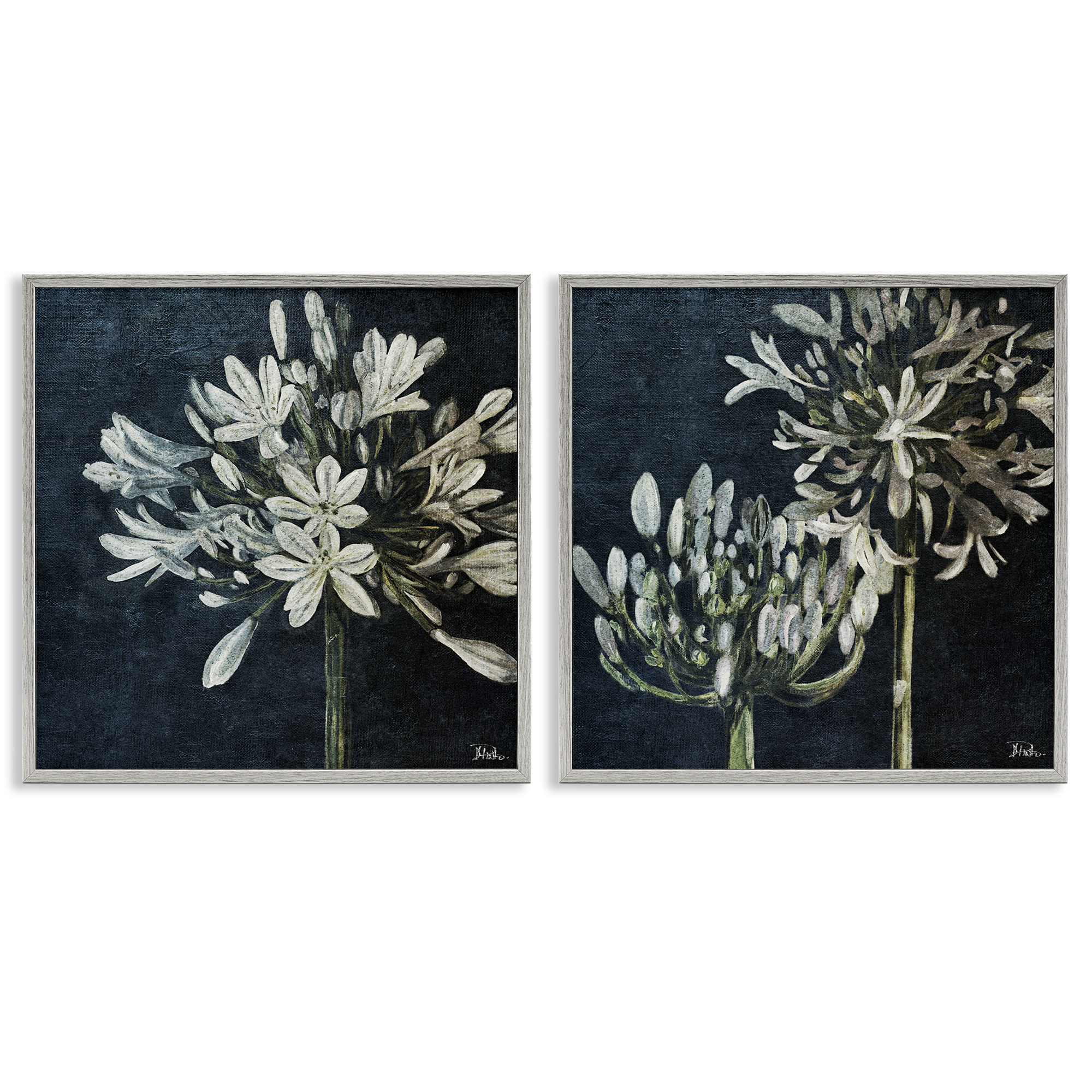 Stupell Industries Blossoming Flower Stem Plants & Flowers Painting Gray Framed Art Print Wall Art, 17 x 17, Set of 2