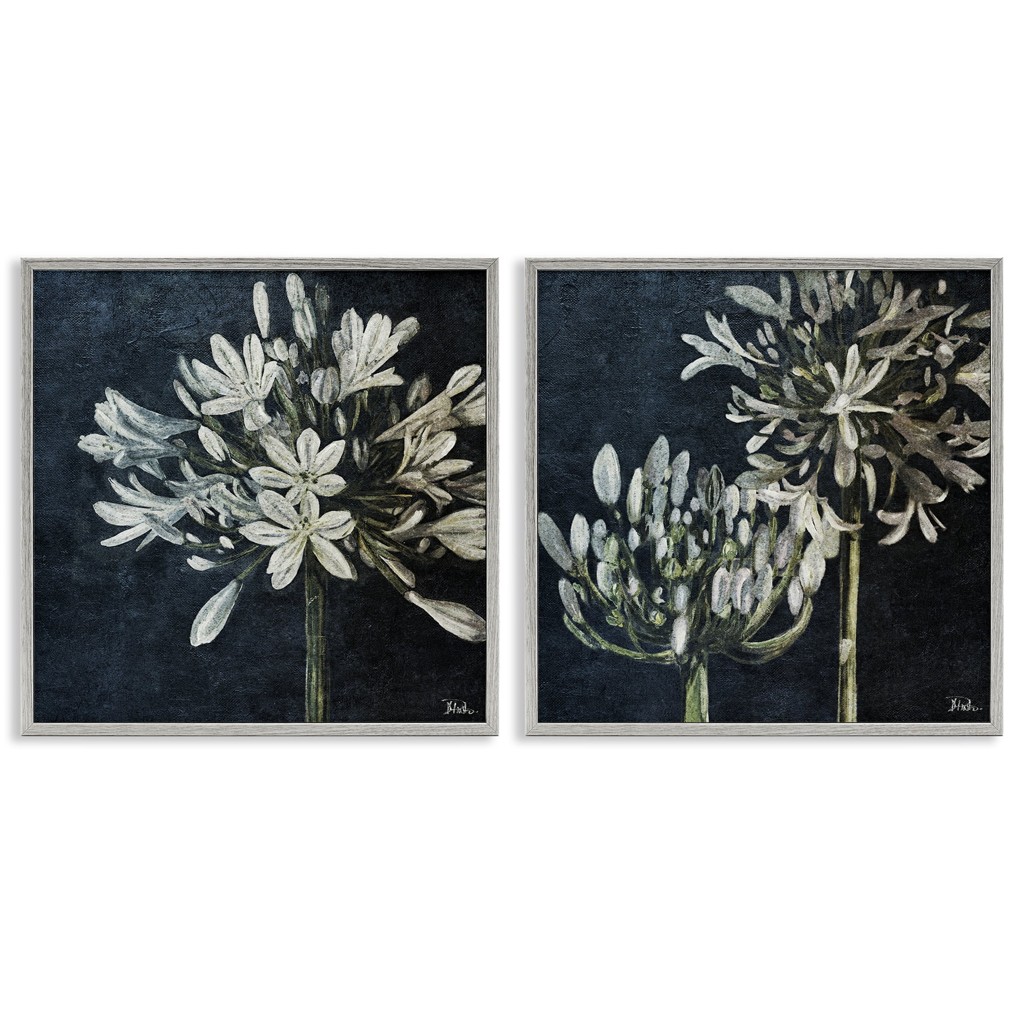 Stupell Industries Blossoming Flower Stem Plants & Flowers Painting Gray Framed Art Print Wall Art, 24 x 24, Set of 2
