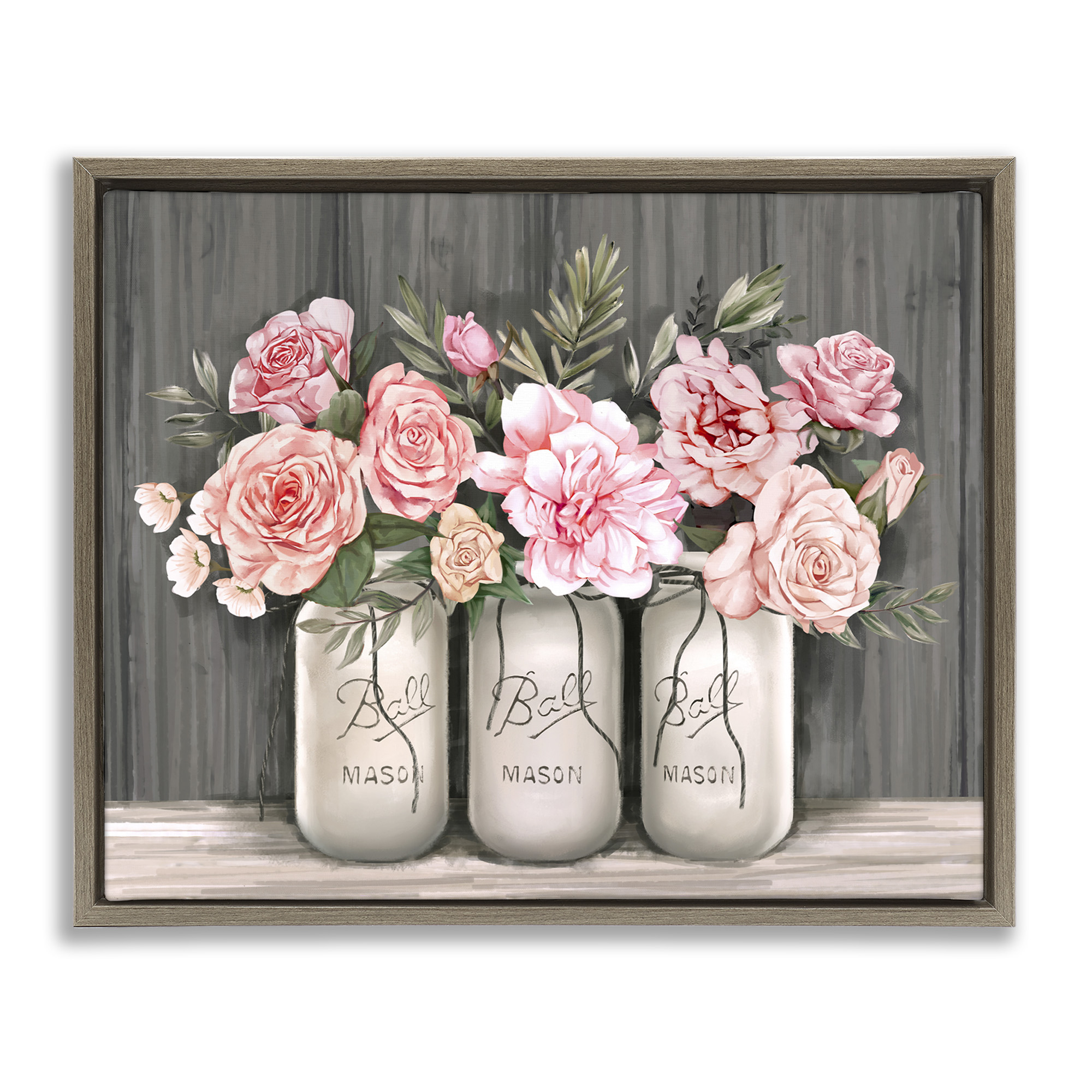 Stupell Industries Blossoming Pink Rose Bouquets Botanical & Floral Painting Brown Floater Framed Canvas Art Print Wall Art, 21 x 17