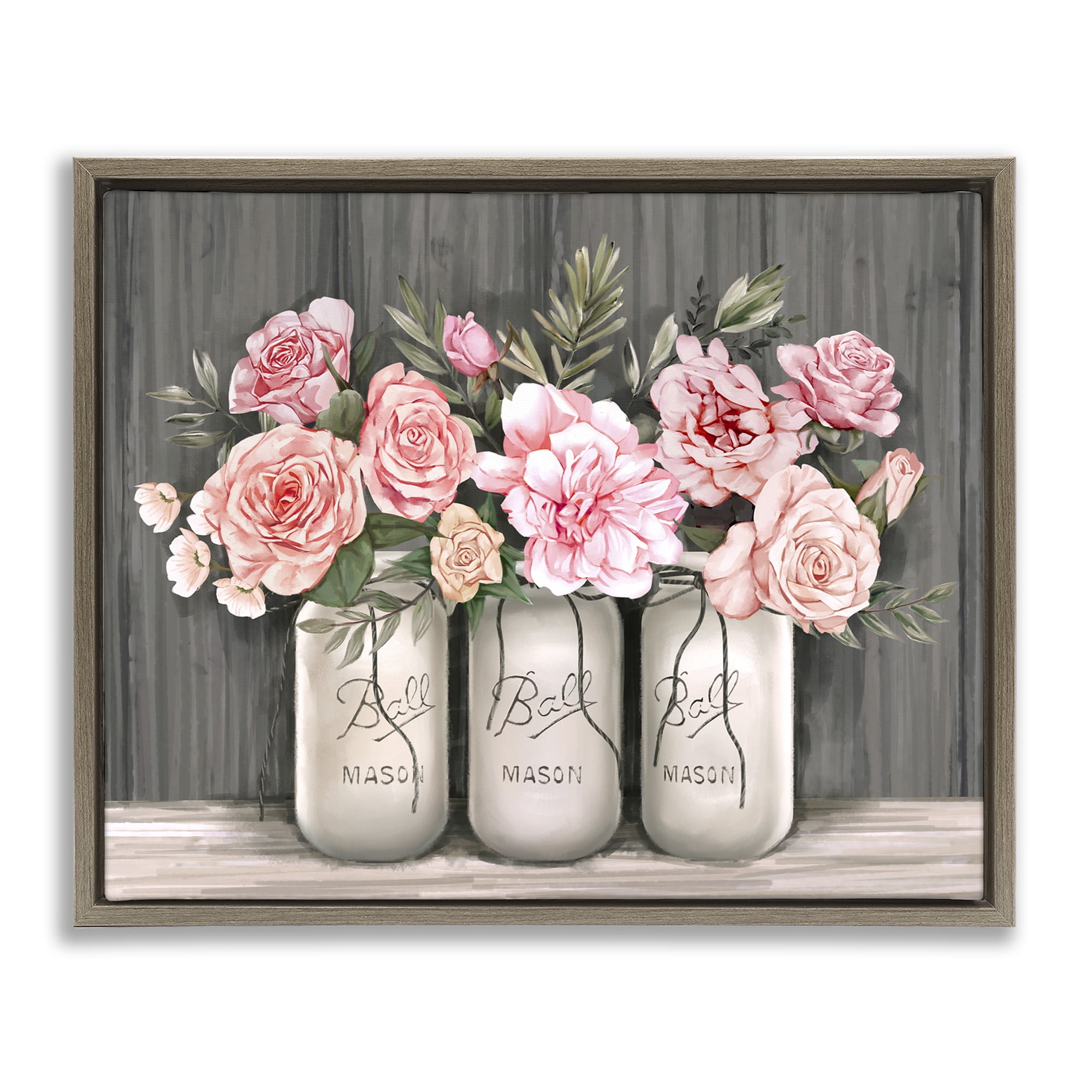 Stupell Industries Blossoming Pink Rose Bouquets Botanical & Floral Painting Brown Floater Framed Canvas Art Print Wall Art, 31 x 25