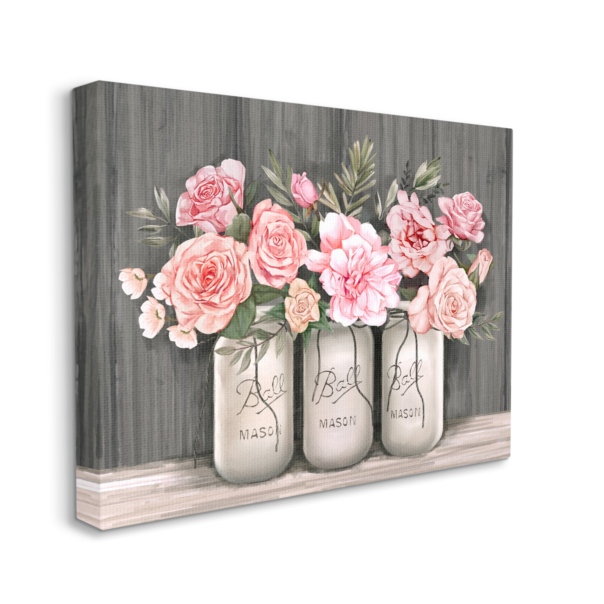 Rustic Pink Rose Bouquets in Mason Jars Canvas Wall Art, 30 x 40
