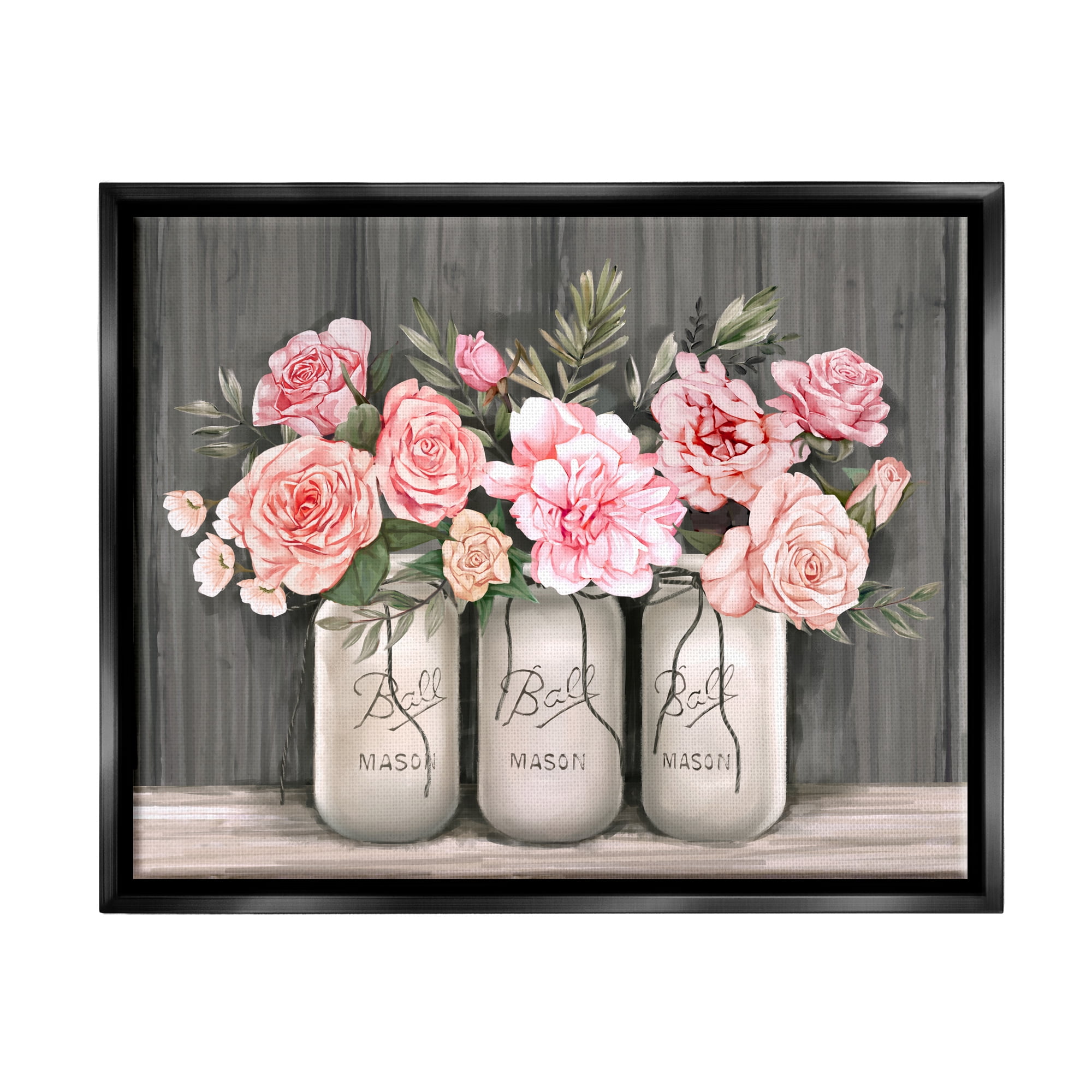 Stupell Industries Blossoming Pink Rose Bouquets Rustic Country Jars Jet Black Framed Floating Canvas Wall Art, 24x30, by Ziwei Li