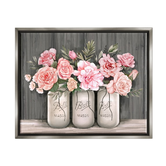 Stupell Industries Blossoming Pink Rose Bouquets Rustic Country Jars Luster Gray Framed Floating Canvas Wall Art, 24x30, by Ziwei Li