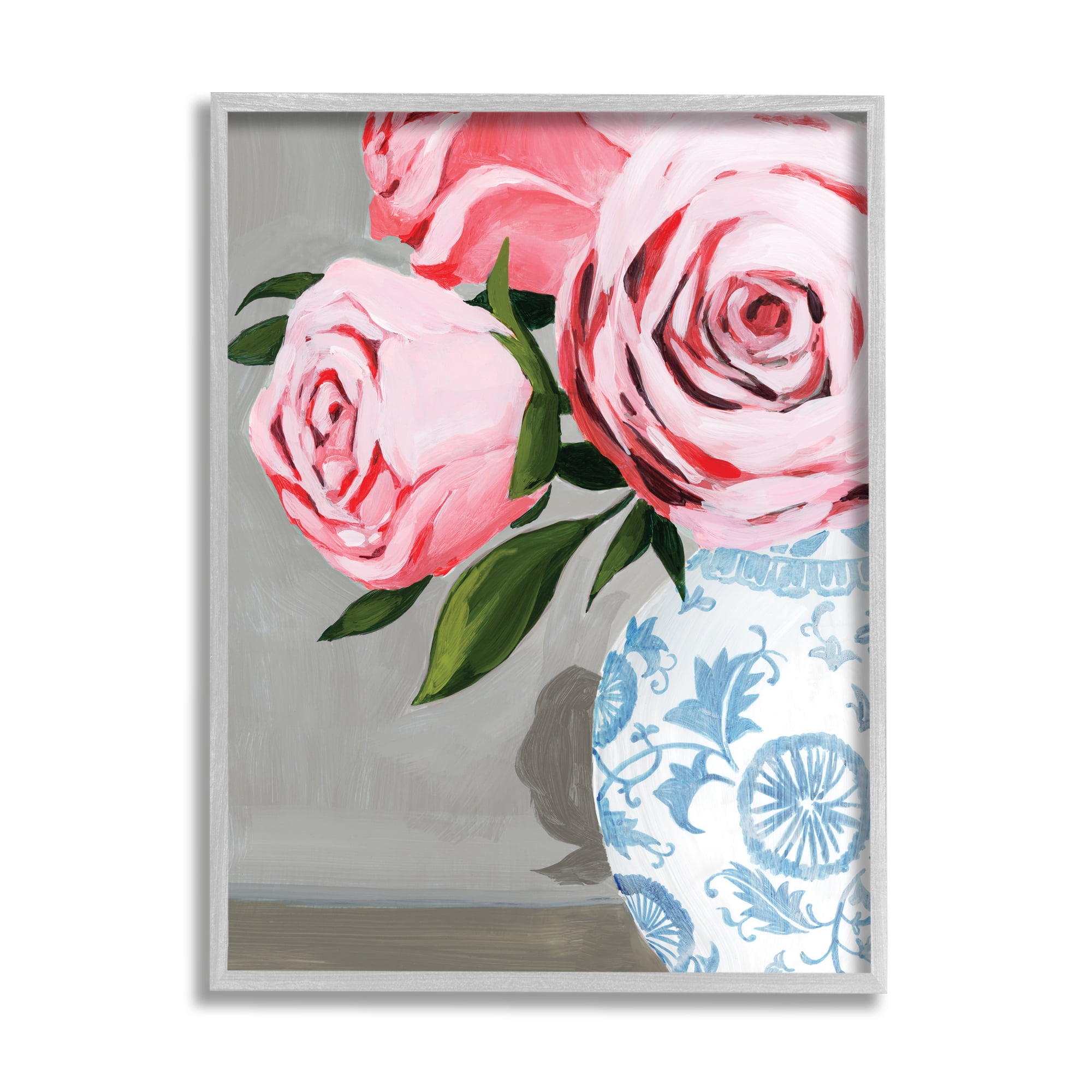 Stupell Industries Blossoming Pink Roses in Ornate Blue Vase,11 x 14,Designed by Grace Popp